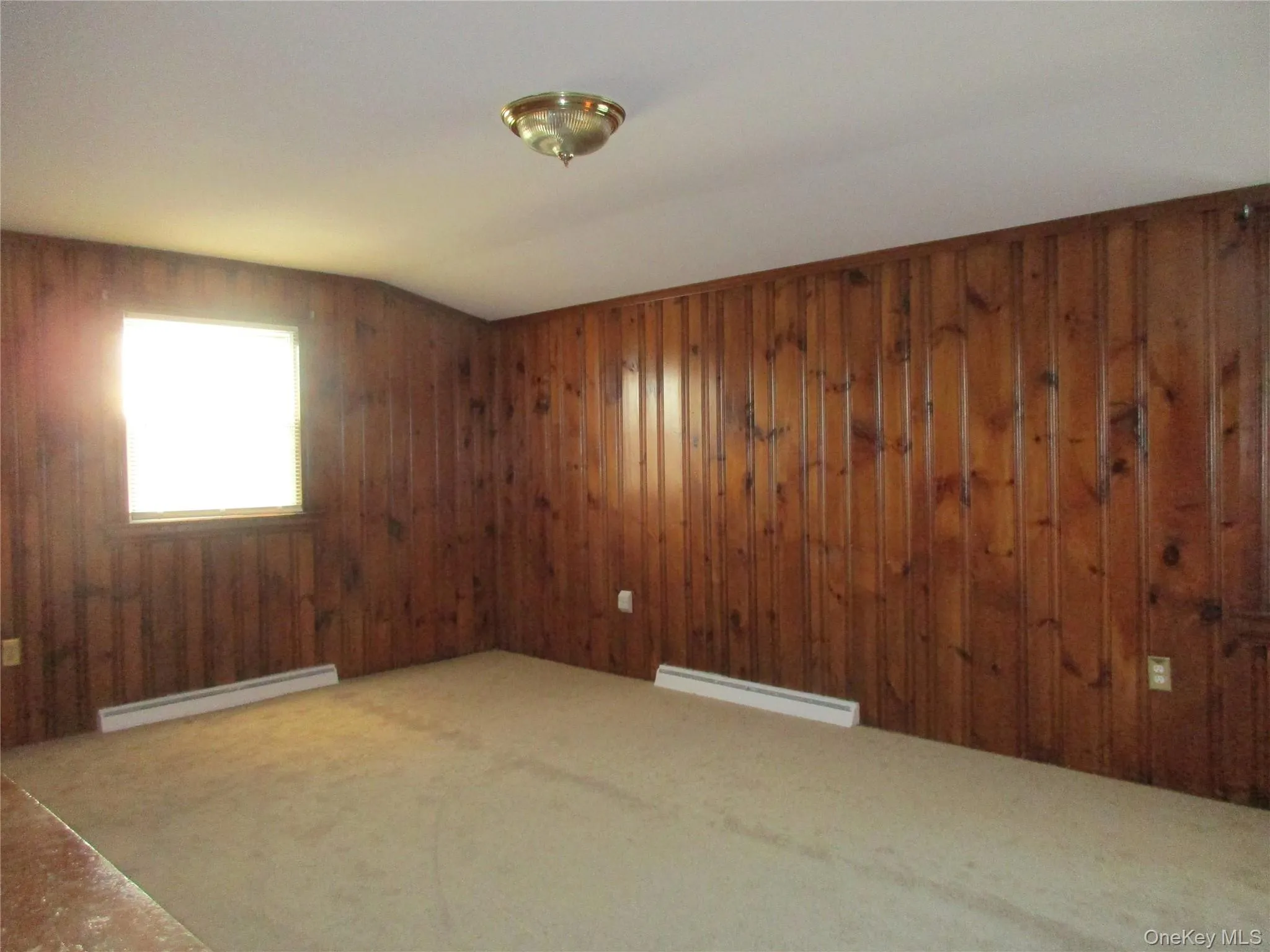 Living room end featuring wood walls, a baseboard heating unit, and carpet Living room end featuring wood walls, a baseboard heating unit, and carpet