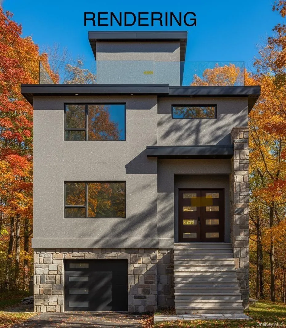 Rendering of Contemporary house with stone siding, an attached garage, and stucco siding Rendering of Contemporary house with stone siding, an attached garage, and stucco siding