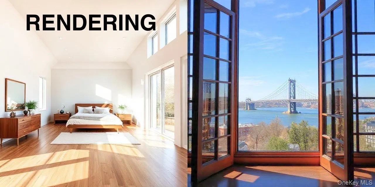 Rendering of Backyard view from Bedroom featuring a high ceiling, wood-type flooring, french doors, and a water view Rendering of Backyard view from Bedroom featuring a high ceiling, wood-type flooring, french doors, and a water view