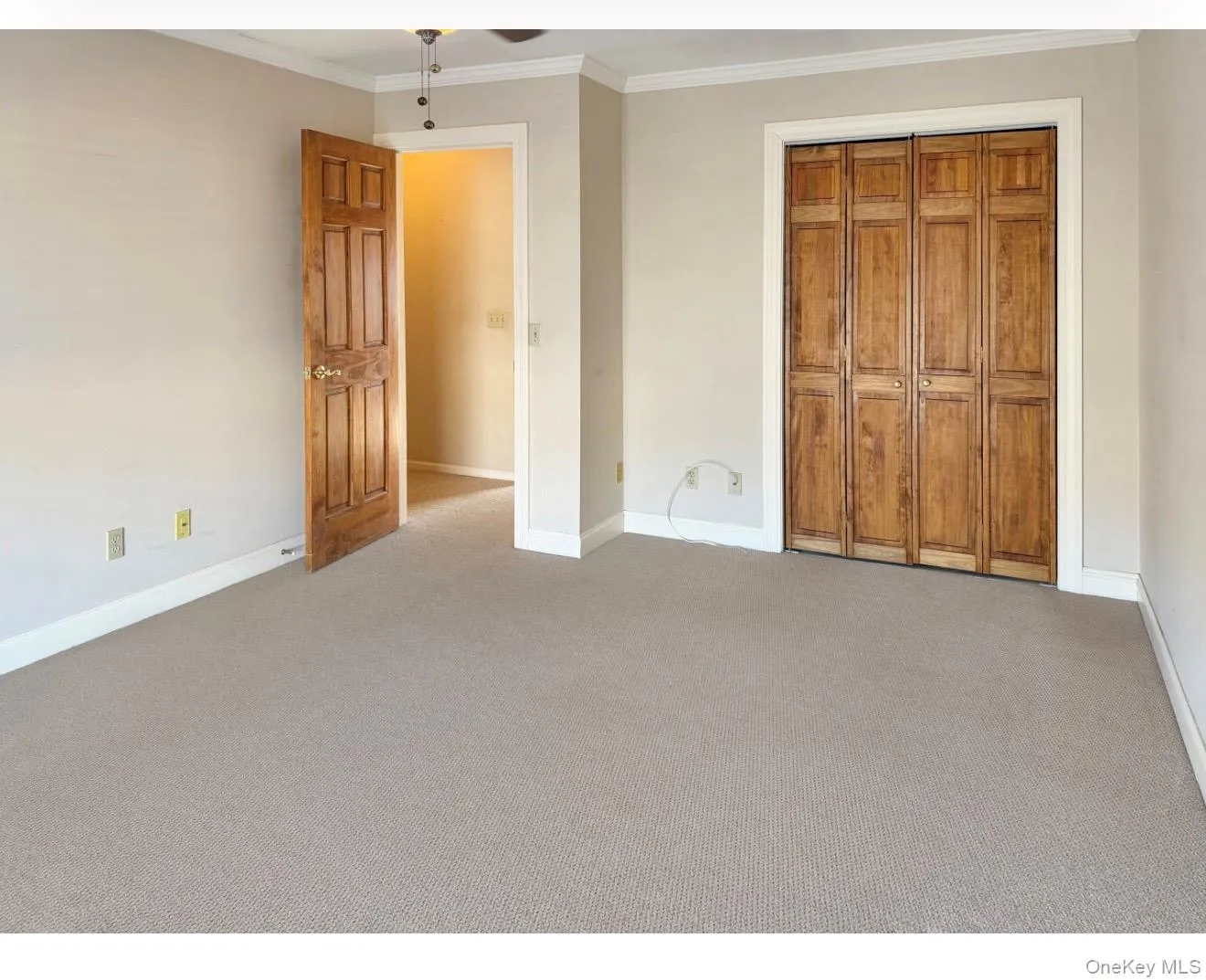 Unfurnished bedroom featuring carpet, ornamental molding, and a closet Unfurnished bedroom featuring carpet, ornamental molding, and a closet