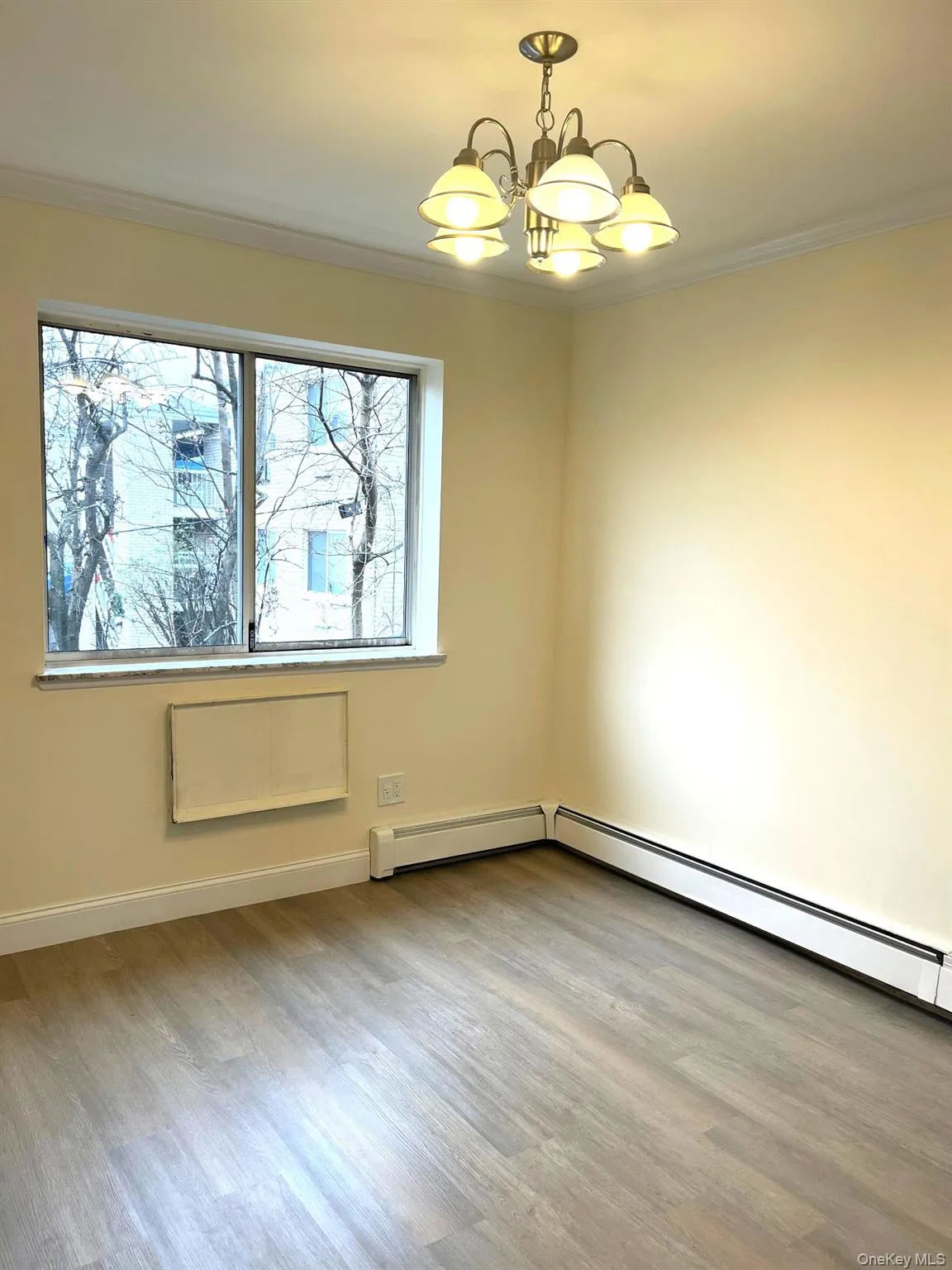 Unfurnished room with light wood-style flooring, crown molding, baseboard heating, and a chandelier Unfurnished room with light wood-style flooring, crown molding, baseboard heating, and a chandelier
