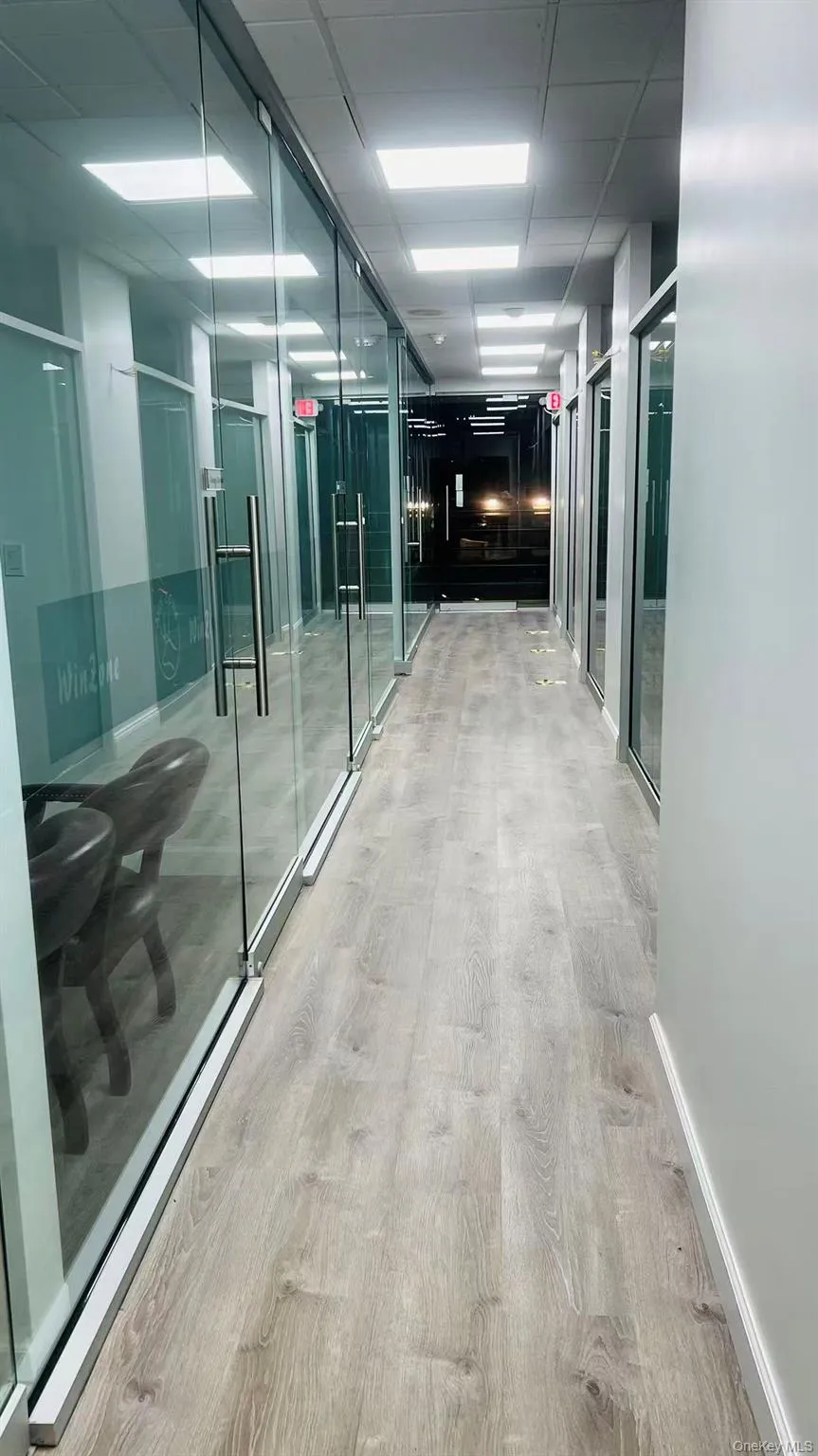 Hall featuring light wood-style floors and a drop ceiling Hall featuring light wood-style floors and a drop ceiling