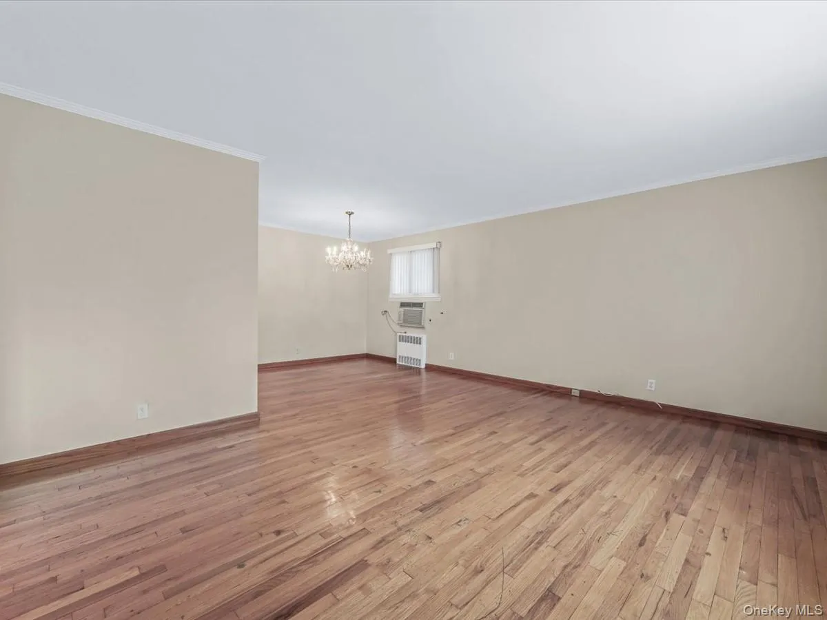 Unfurnished room featuring light wood-type flooring, a chandelier, crown molding, and radiator heating unit Unfurnished room featuring light wood-type flooring, a chandelier, crown molding, and radiator heating unit