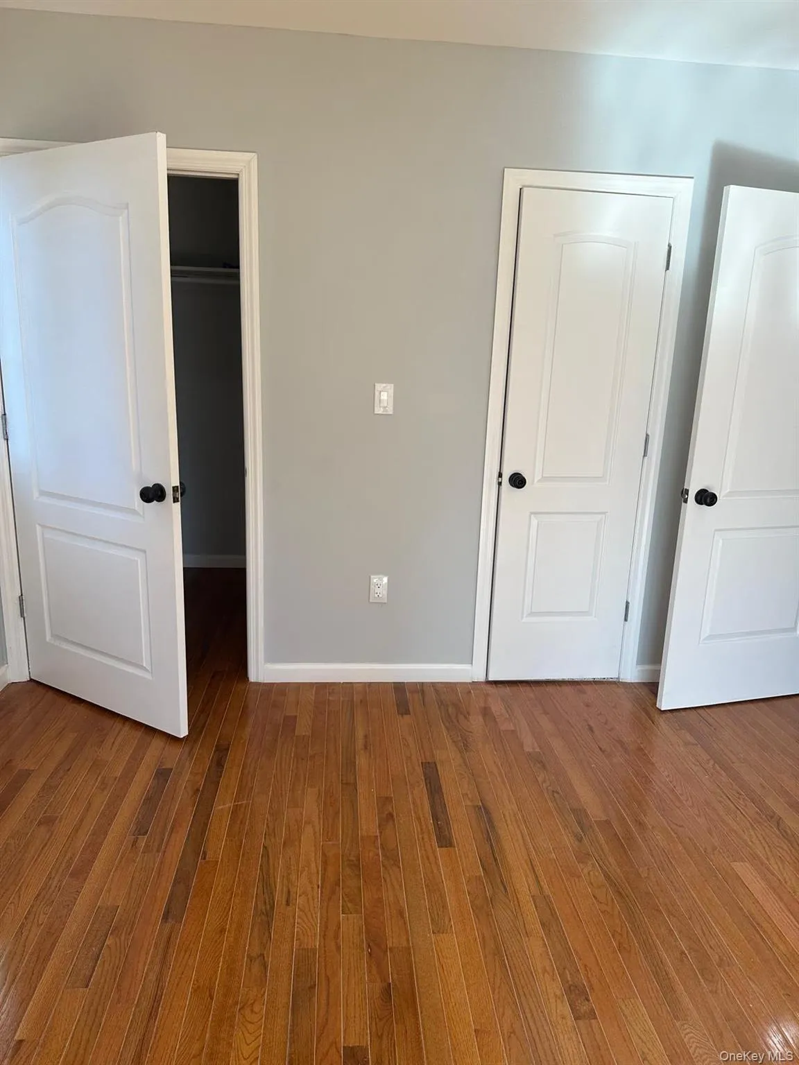 Unfurnished bedroom featuring dark wood-style flooring and a spacious closet Unfurnished bedroom featuring dark wood-style flooring and a spacious closet