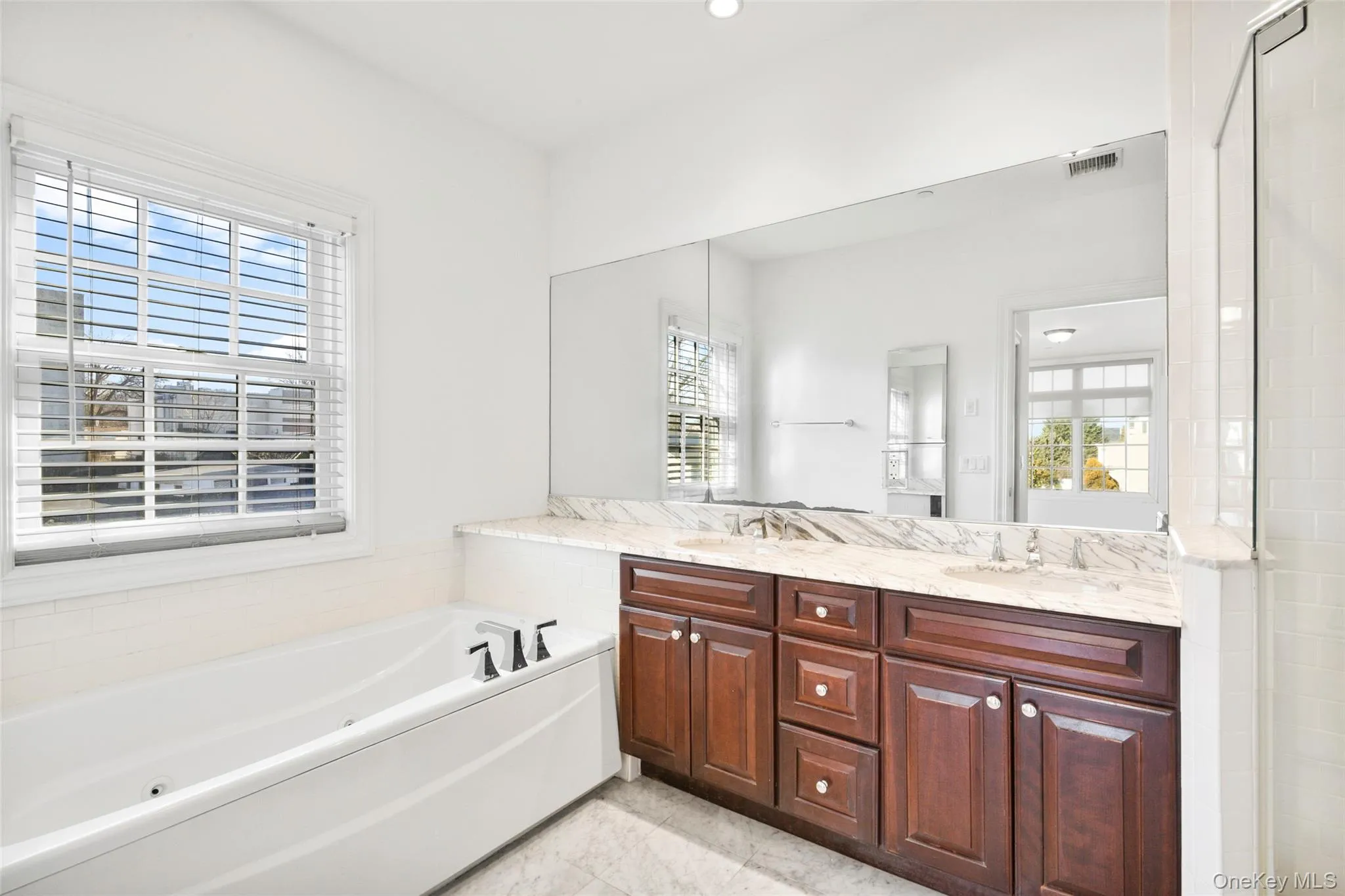 Full bath featuring a garden tub, double vanity, a shower stall, and healthy amount of natural light Full bath featuring a garden tub, double vanity, a shower stall, and healthy amount of natural light