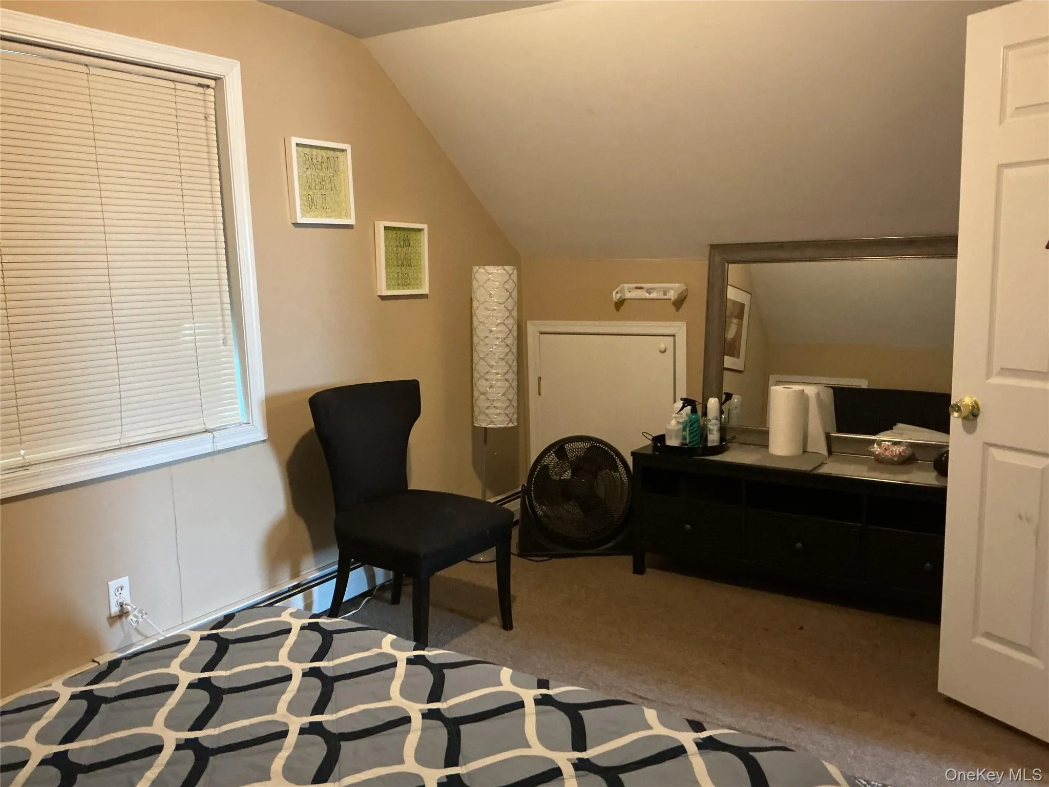 Sitting room with vaulted ceiling and carpet floors Sitting room with vaulted ceiling and carpet floors
