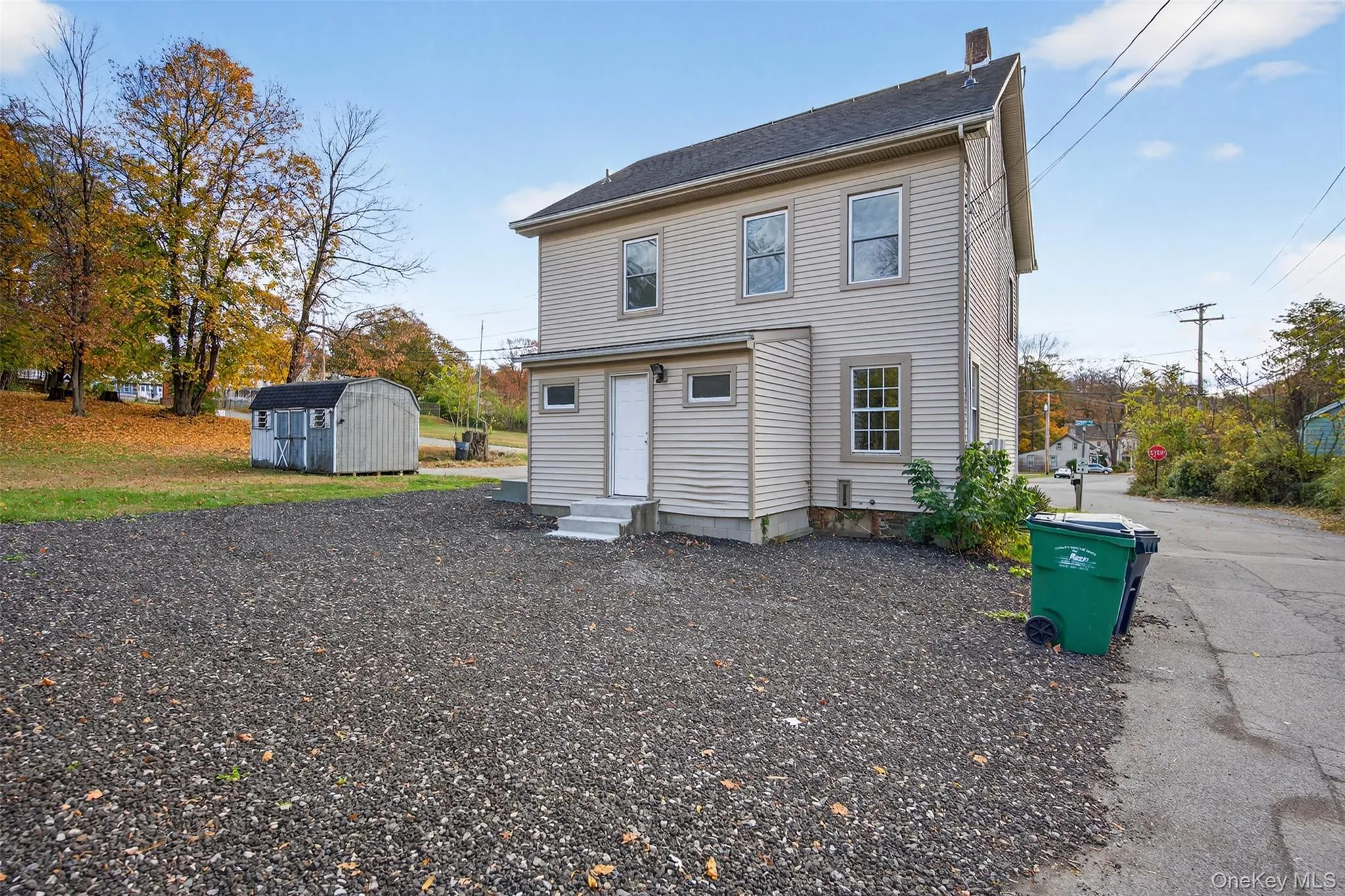 Back of house with a storage shed, a chimney, and entry steps Back of house with a storage shed, a chimney, and entry steps