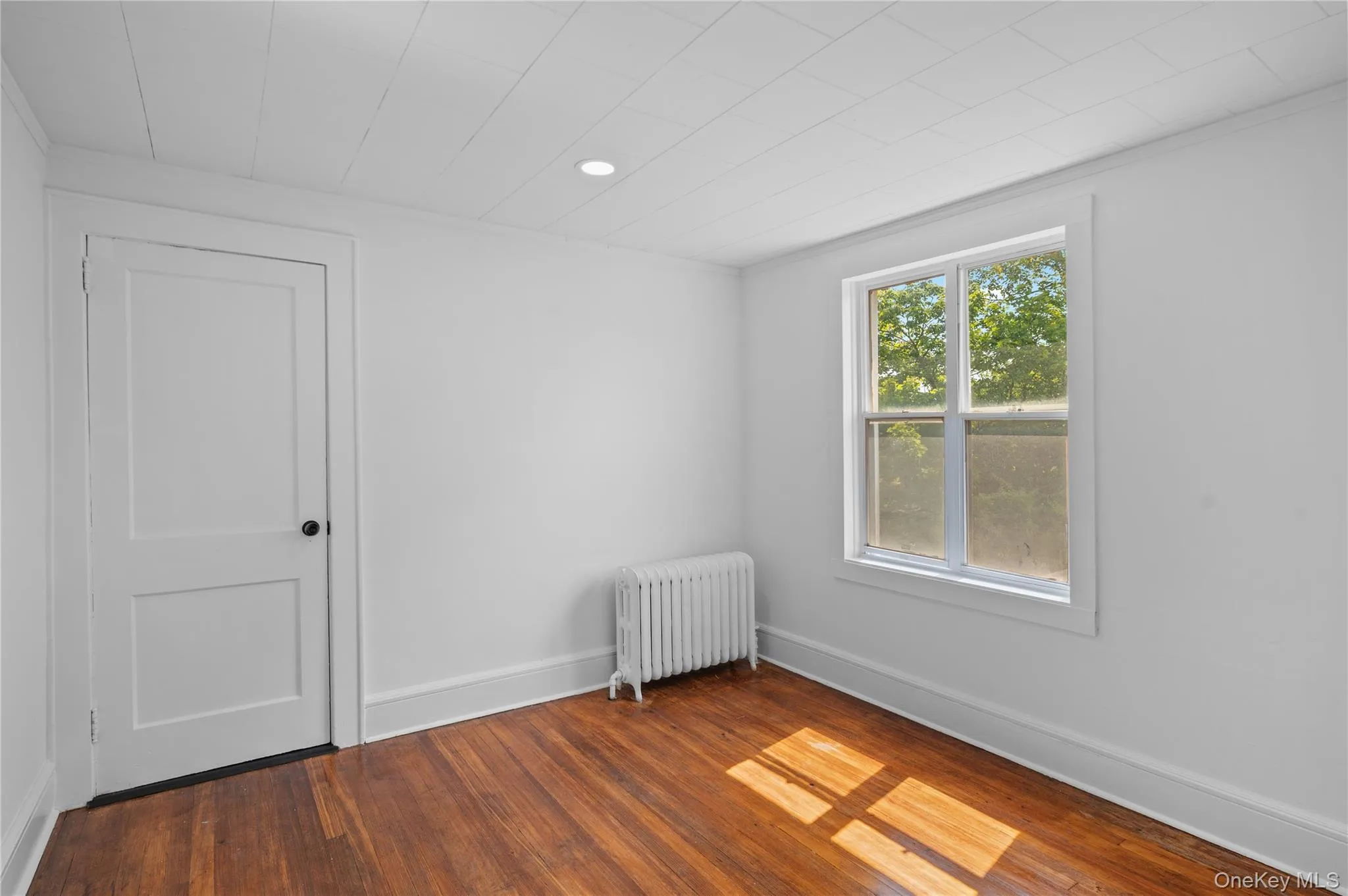 Spare room featuring radiator, wood-type flooring, and ornamental molding Spare room featuring radiator, wood-type flooring, and ornamental molding