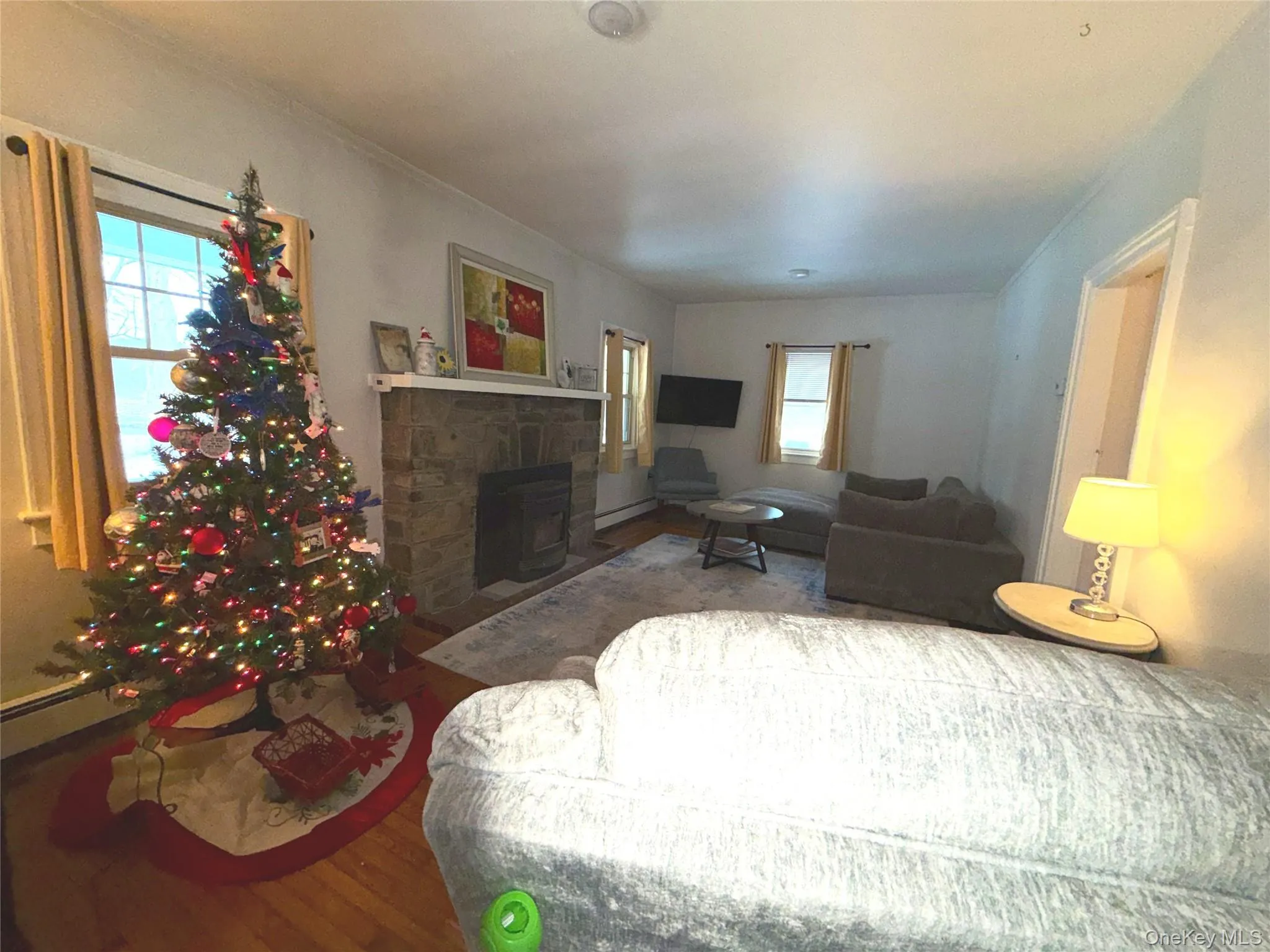 Living area with wood finished floors, a fireplace, plenty of natural light, and a baseboard heating unit Living area with wood finished floors, a fireplace, plenty of natural light, and a baseboard heating unit