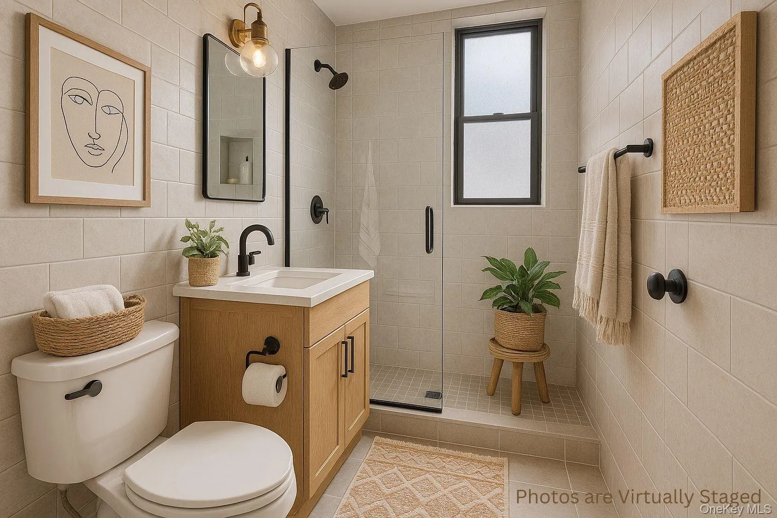 AI Generated Rendering-Full bath featuring tile walls, vanity, and a stall shower AI Generated Rendering-Full bath featuring tile walls, vanity, and a stall shower