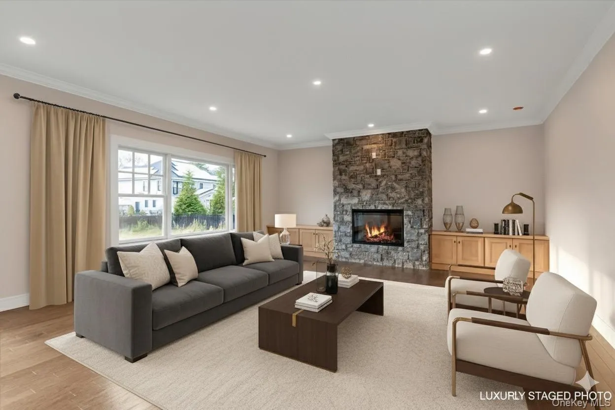 Living room featuring ornamental molding, a stone fireplace, wood finished floors, and recessed lighting Living room featuring ornamental molding, a stone fireplace, wood finished floors, and recessed lighting