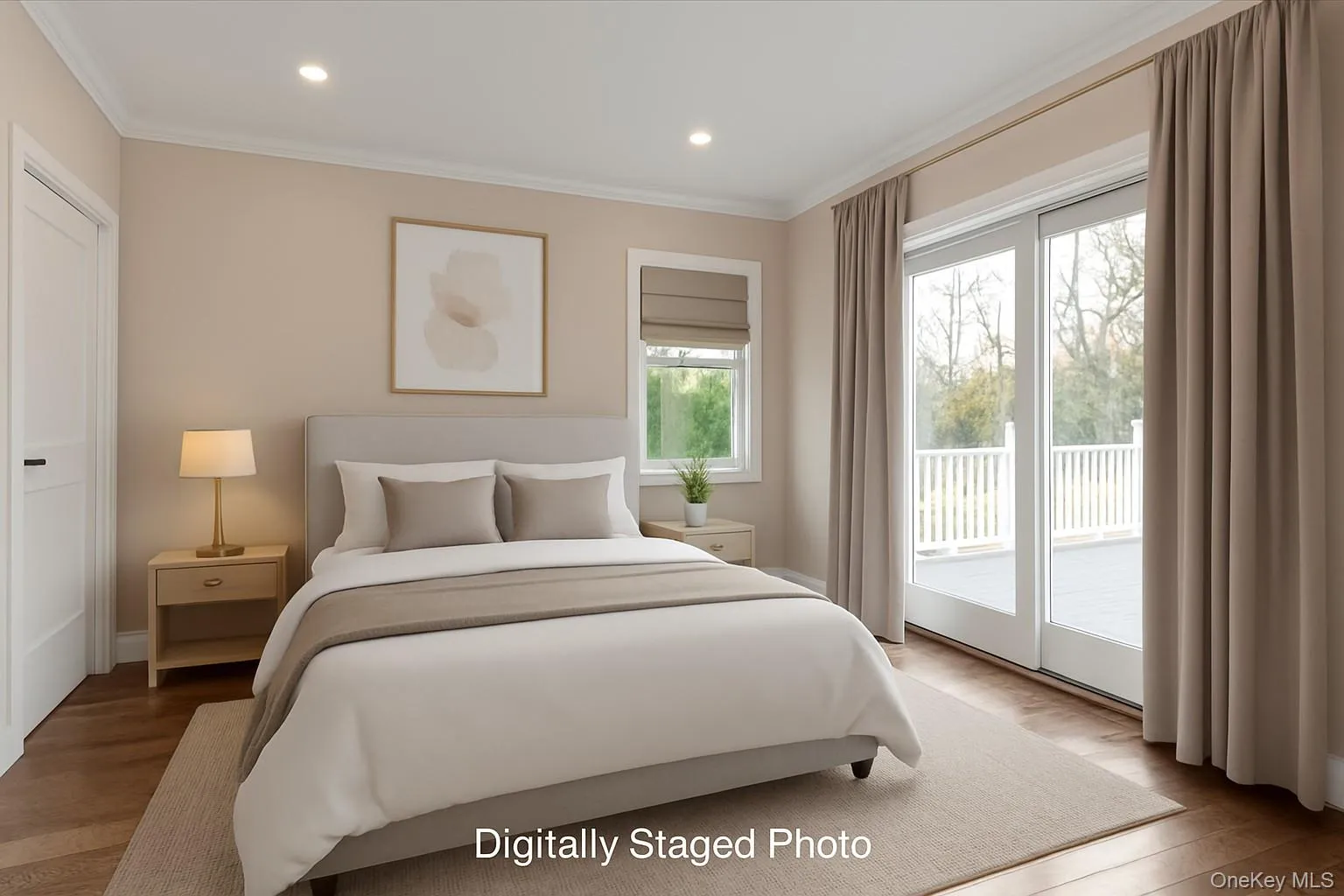 Bedroom with wood finished floors, access to outside, ornamental molding, and recessed lighting Bedroom with wood finished floors, access to outside, ornamental molding, and recessed lighting
