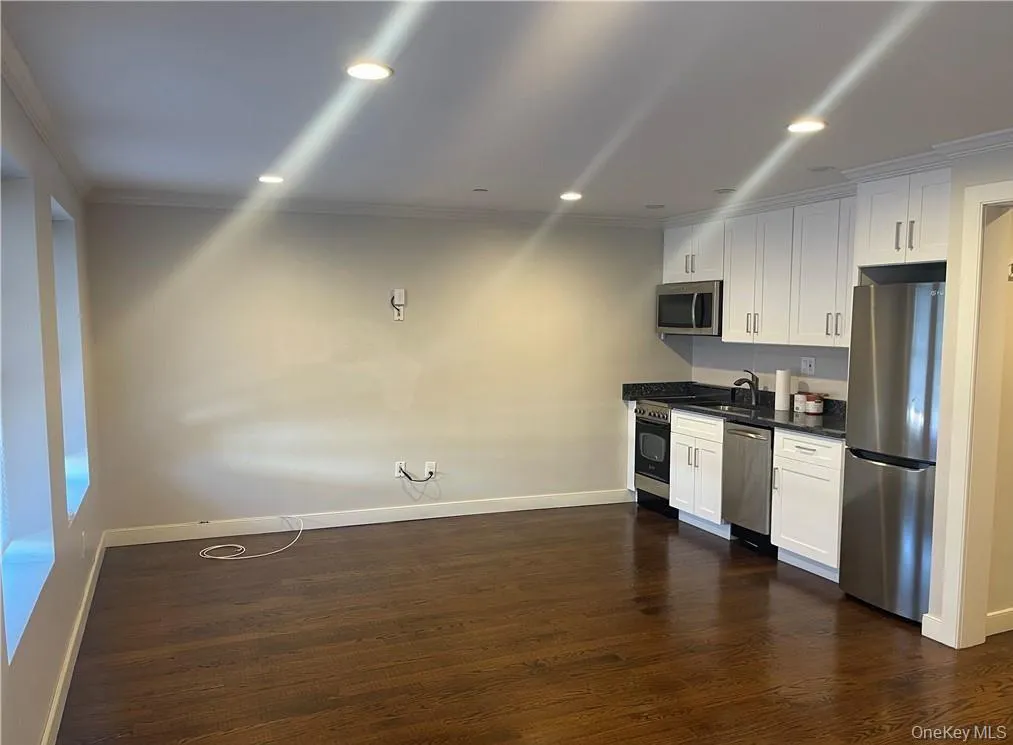 Kitchen featuring white cabinets, stainless steel appliances, ornamental molding, dark wood-style floors, and recessed lighting Kitchen featuring white cabinets, stainless steel appliances, ornamental molding, dark wood-style floors, and recessed lighting