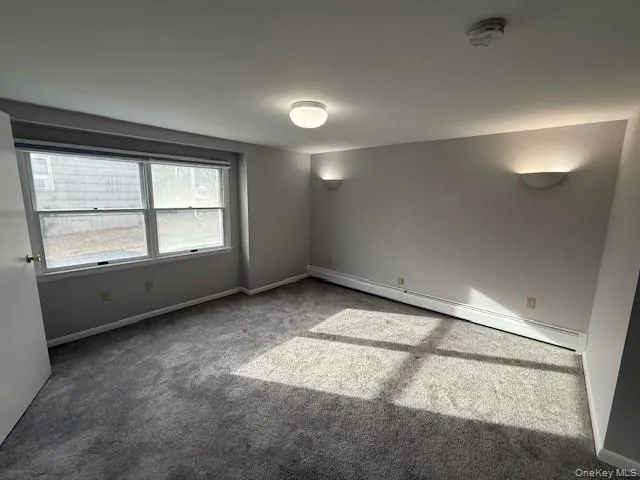 Carpeted empty room featuring a baseboard radiator and a smoke detector Carpeted empty room featuring a baseboard radiator and a smoke detector