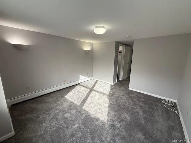 Carpeted empty room featuring a baseboard radiator and baseboards Carpeted empty room featuring a baseboard radiator and baseboards