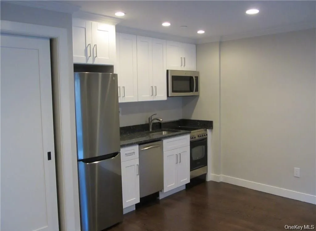 Kitchen featuring appliances with stainless steel finishes, white cabinetry, dark stone counters, dark wood-style floors, and recessed lighting Kitchen featuring appliances with stainless steel finishes, white cabinetry, dark stone counters, dark wood-style floors, and recessed lighting