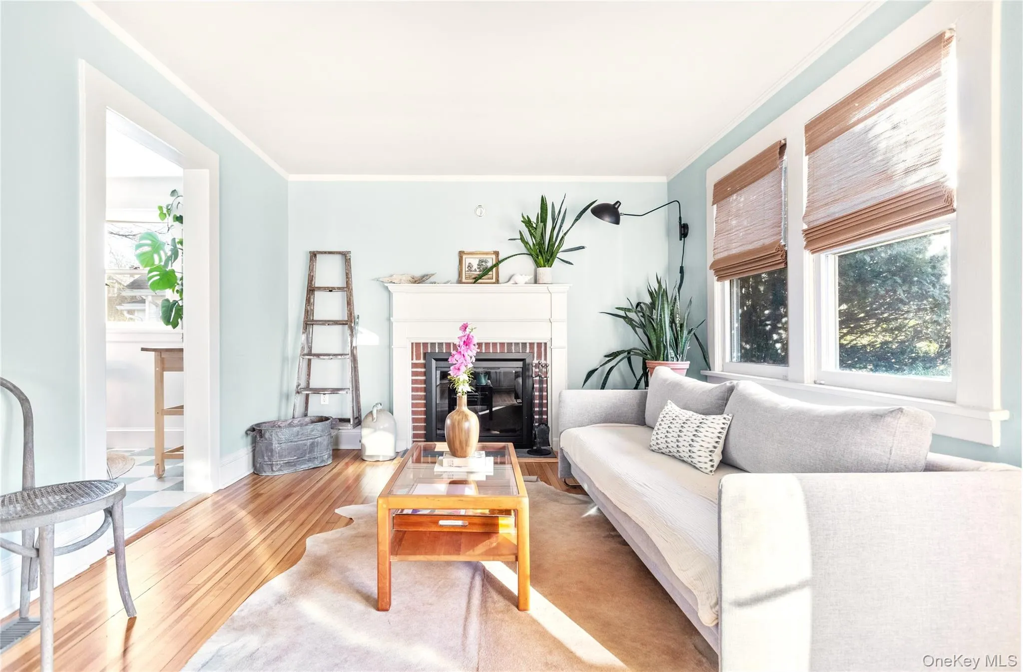 Living room featuring a fireplace, wood finished floors, and ornamental molding Living room featuring a fireplace, wood finished floors, and ornamental molding