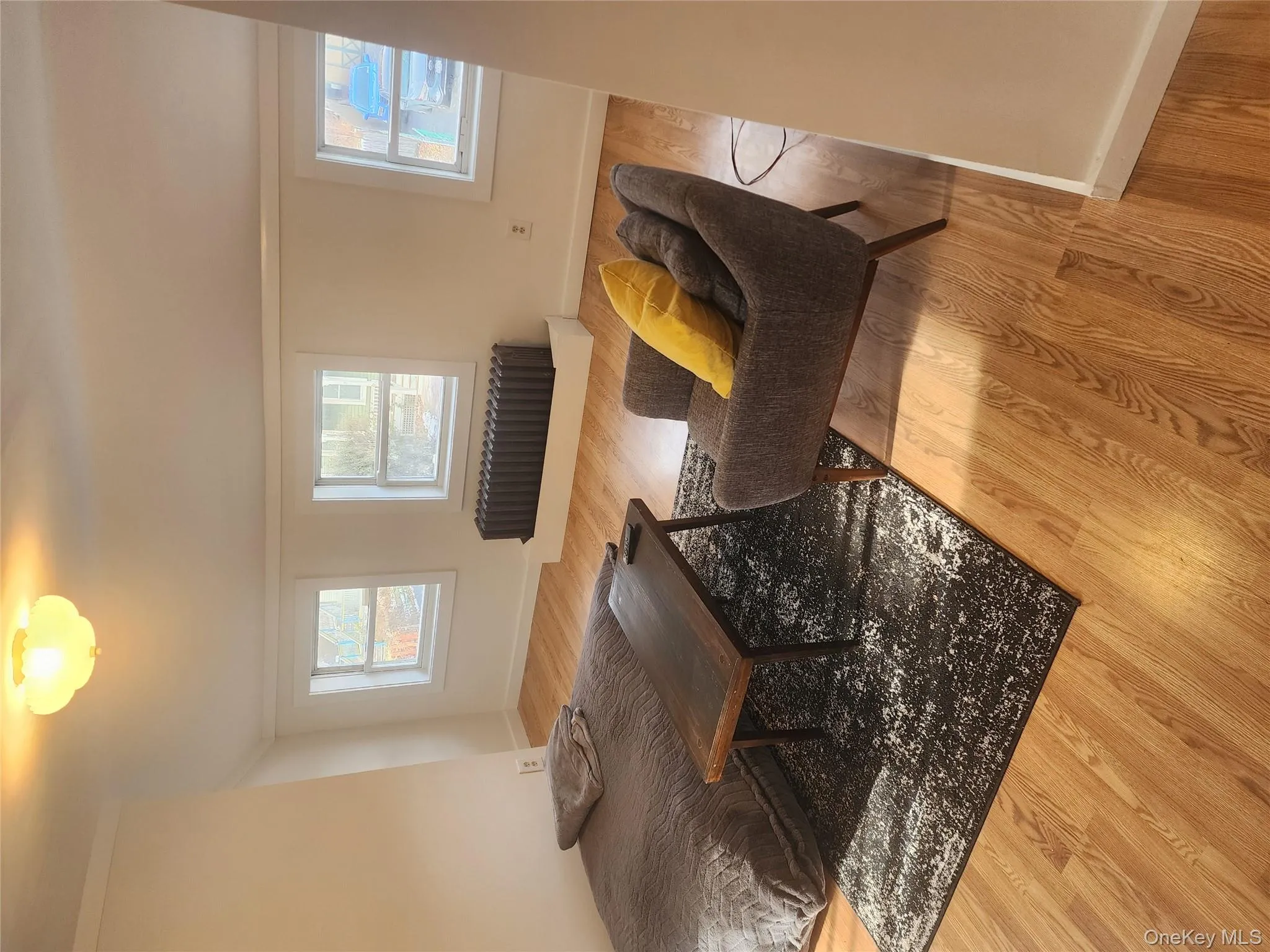 Living area featuring plenty of natural light, light wood-style floors, radiator heating unit, and crown molding Living area featuring plenty of natural light, light wood-style floors, radiator heating unit, and crown molding