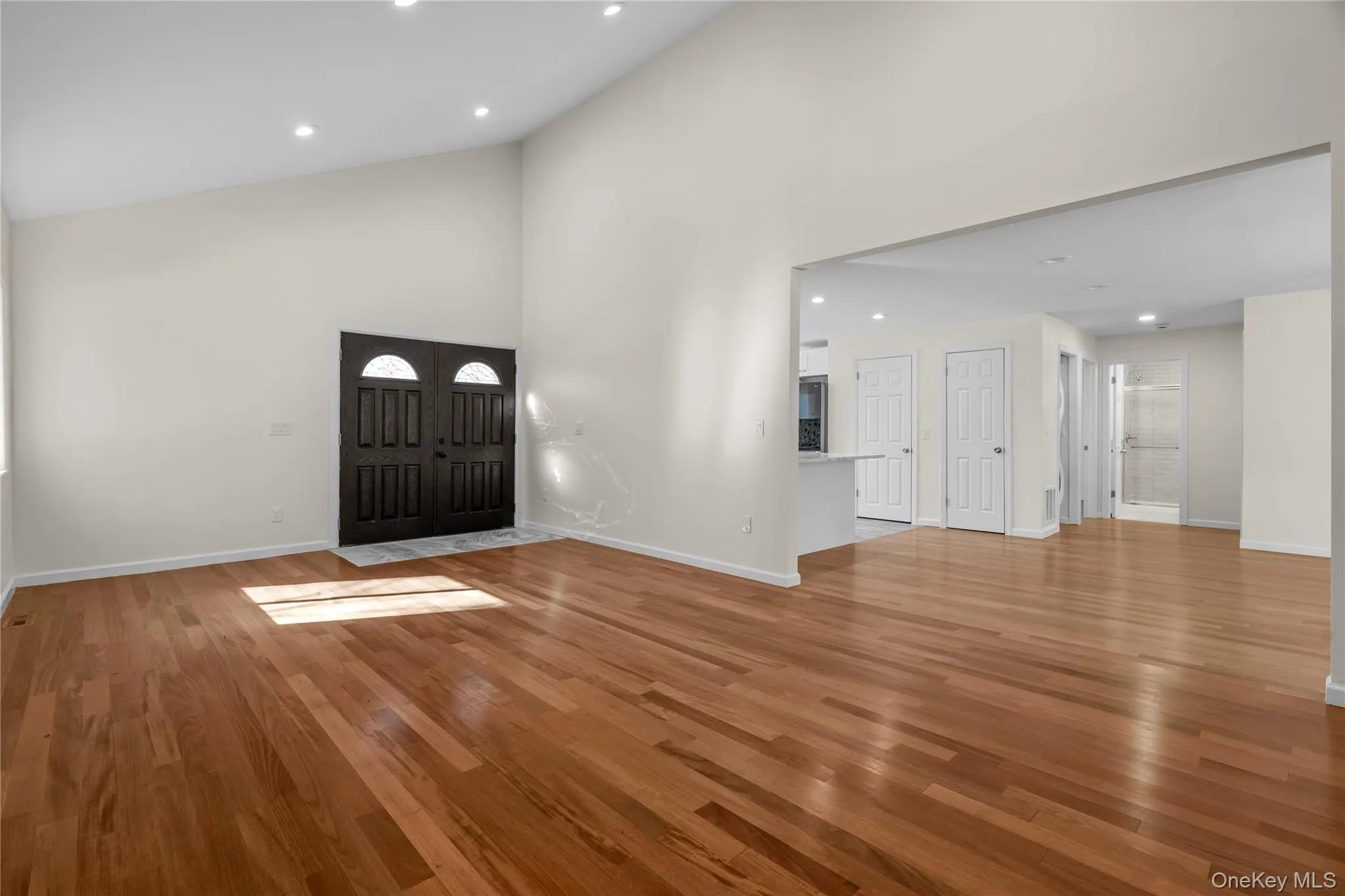Foyer entrance featuring high vaulted ceiling and light hardwood / wood-style flooring Foyer entrance featuring high vaulted ceiling and light hardwood / wood-style flooring