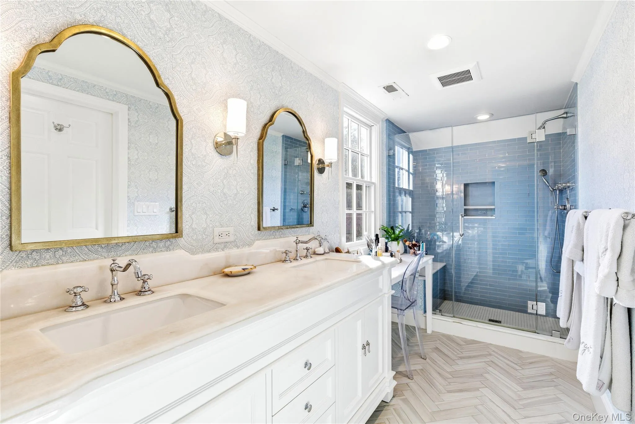 Primary full bathroom with double vanity, a spa shower Primary full bathroom with double vanity, a spa shower