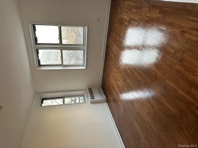 Spare room featuring radiator heating unit and dark wood-style flooring Spare room featuring radiator heating unit and dark wood-style flooring