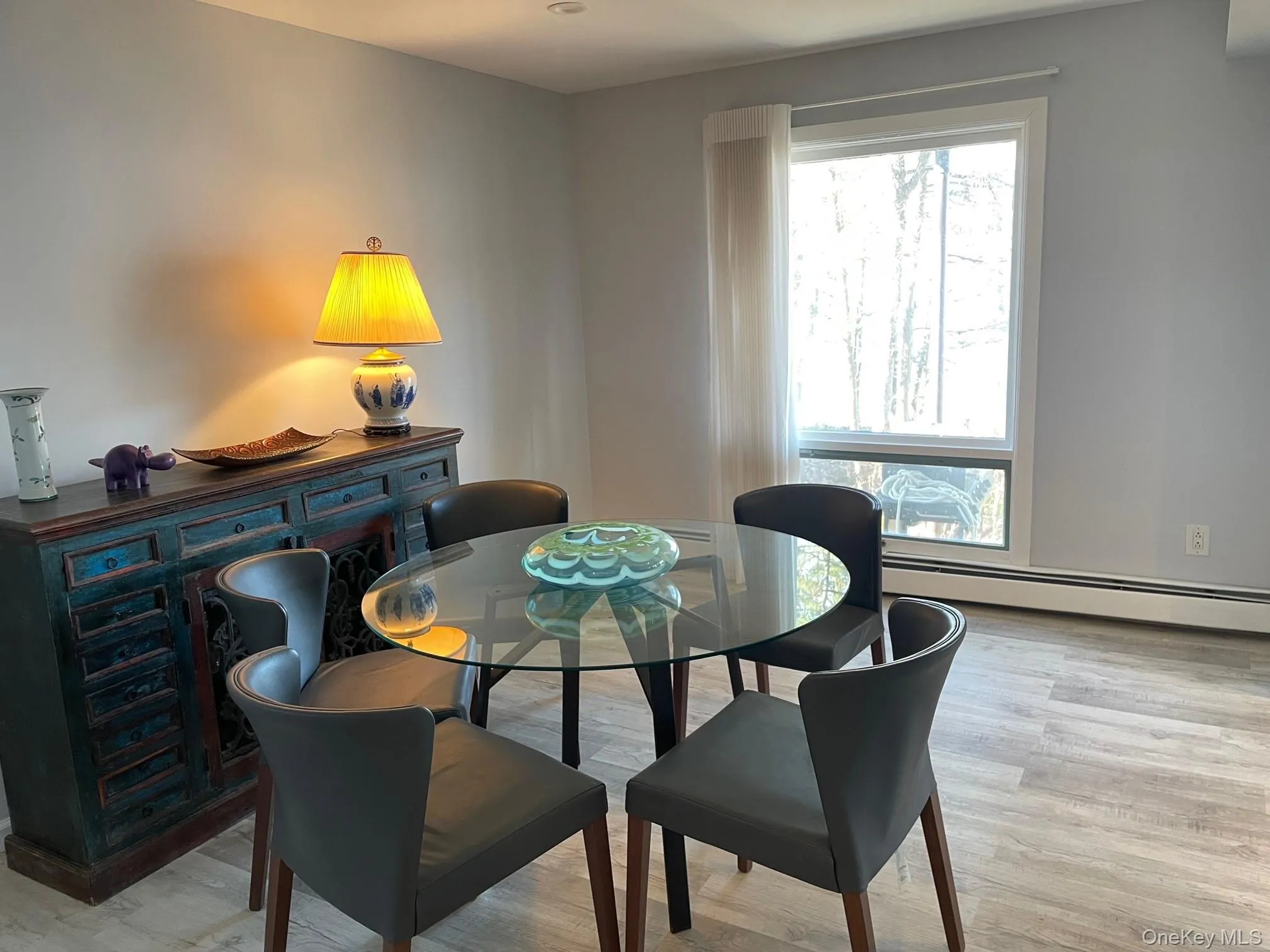 Dining room featuring a baseboard radiator and light wood-type flooring Dining room featuring a baseboard radiator and light wood-type flooring