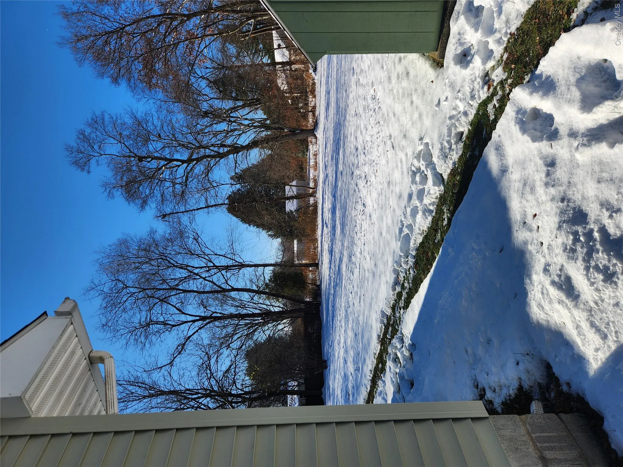 View of yard layered in snow View of yard layered in snow