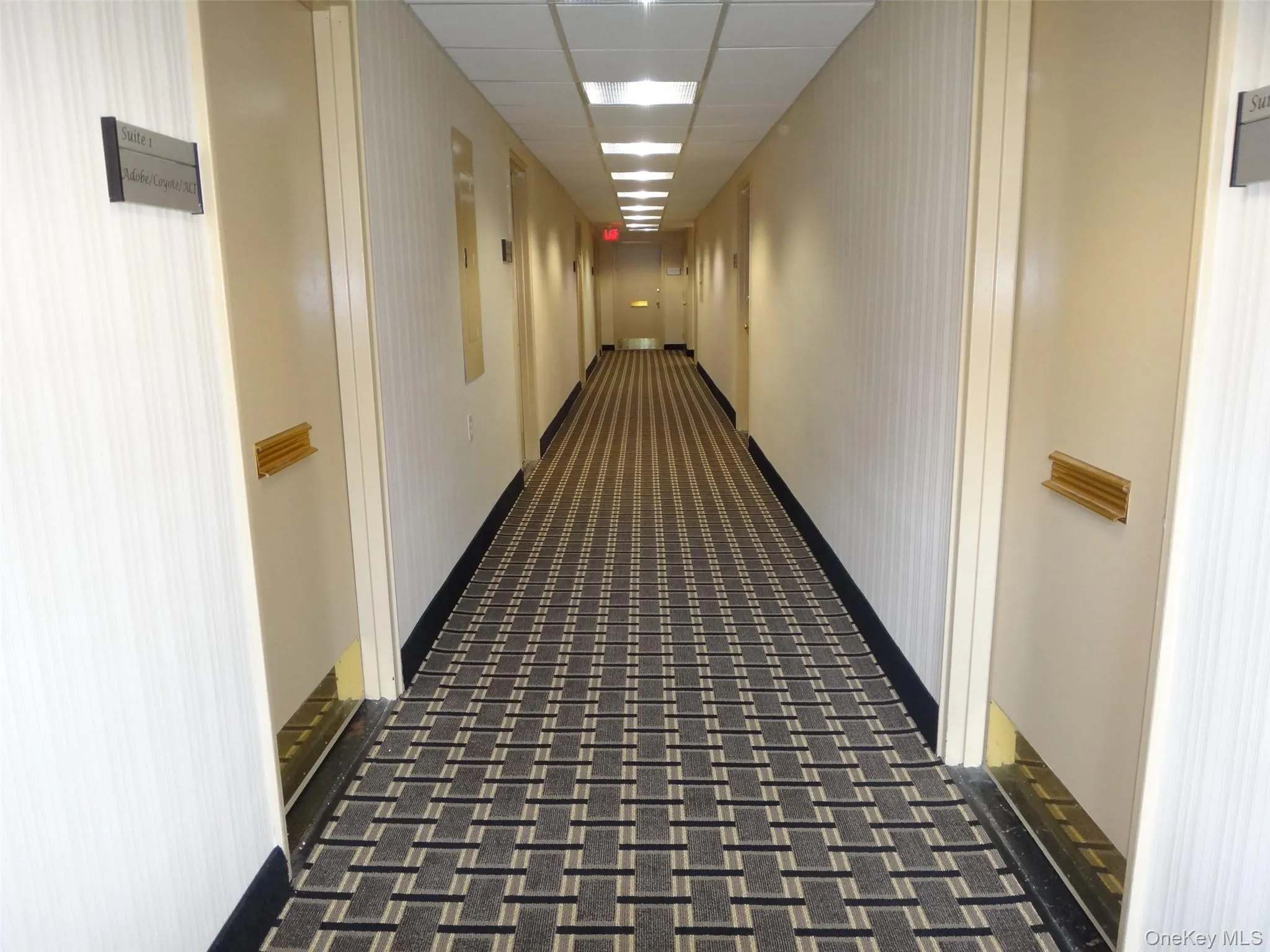 Hall with dark carpet and a paneled ceiling Hall with dark carpet and a paneled ceiling