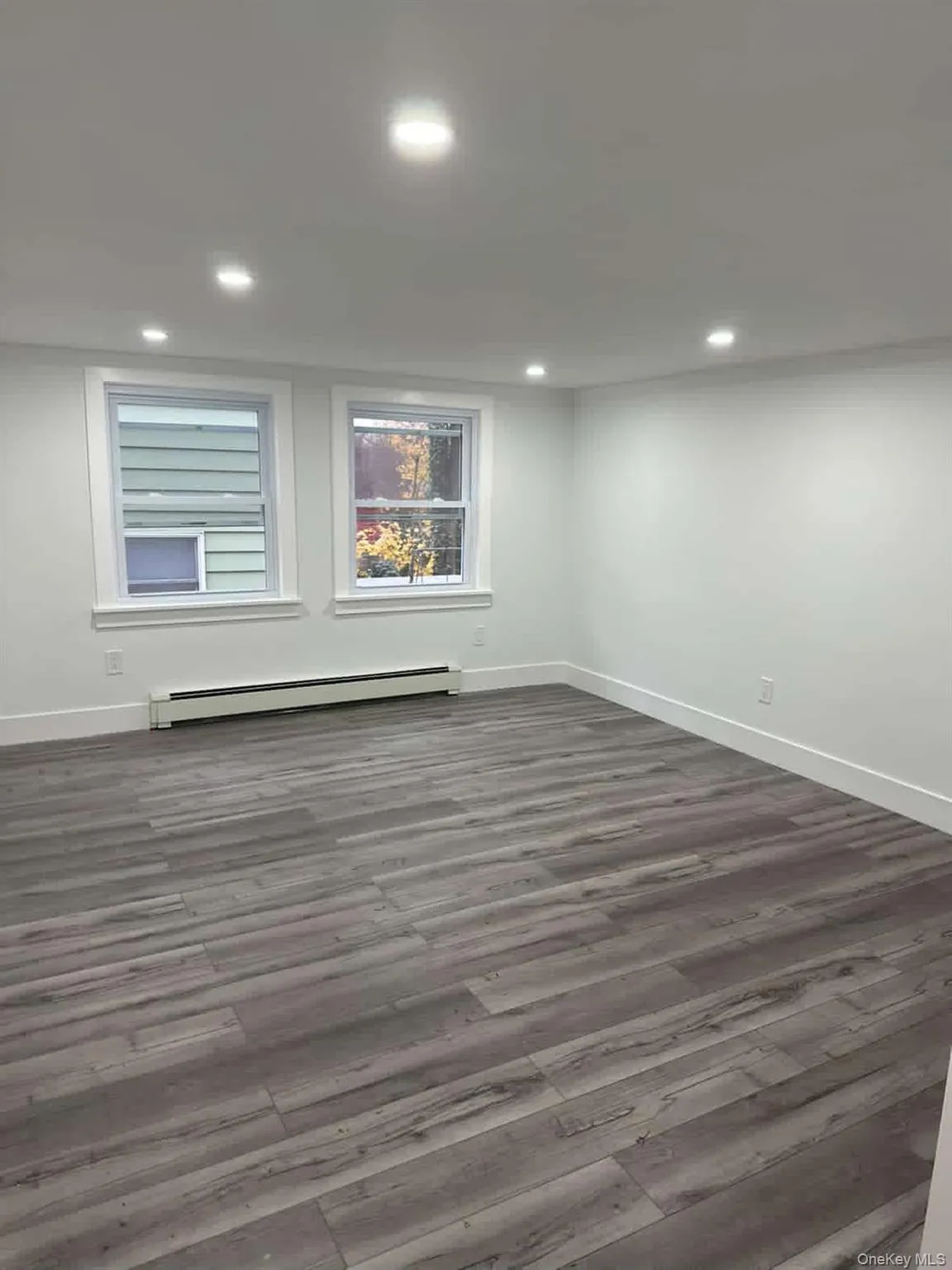 Living room featuring a baseboard radiator, dark wood-style flooring, and recessed lighting Living room featuring a baseboard radiator, dark wood-style flooring, and recessed lighting