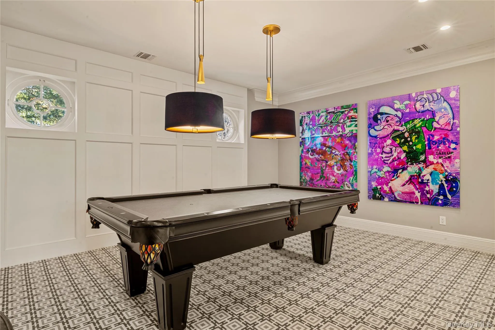 Recreation room featuring billiards and ornamental molding Recreation room featuring billiards and ornamental molding
