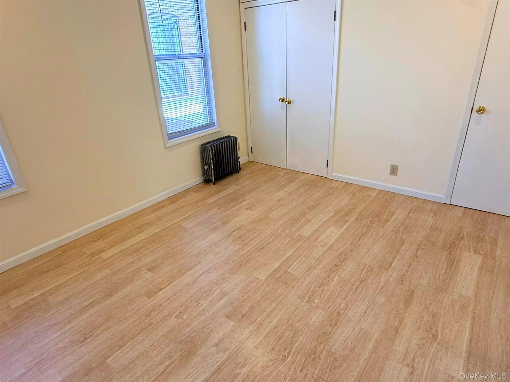 Unfurnished bedroom with radiator heating unit, light wood-style floors, and a closet Unfurnished bedroom with radiator heating unit, light wood-style floors, and a closet