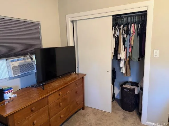 Bedroom featuring a closet, light carpet, and cooling unit Bedroom featuring a closet, light carpet, and cooling unit