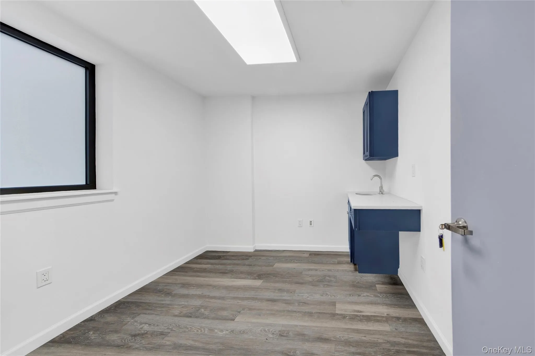 Empty room with a skylight and dark wood-style flooring Empty room with a skylight and dark wood-style flooring