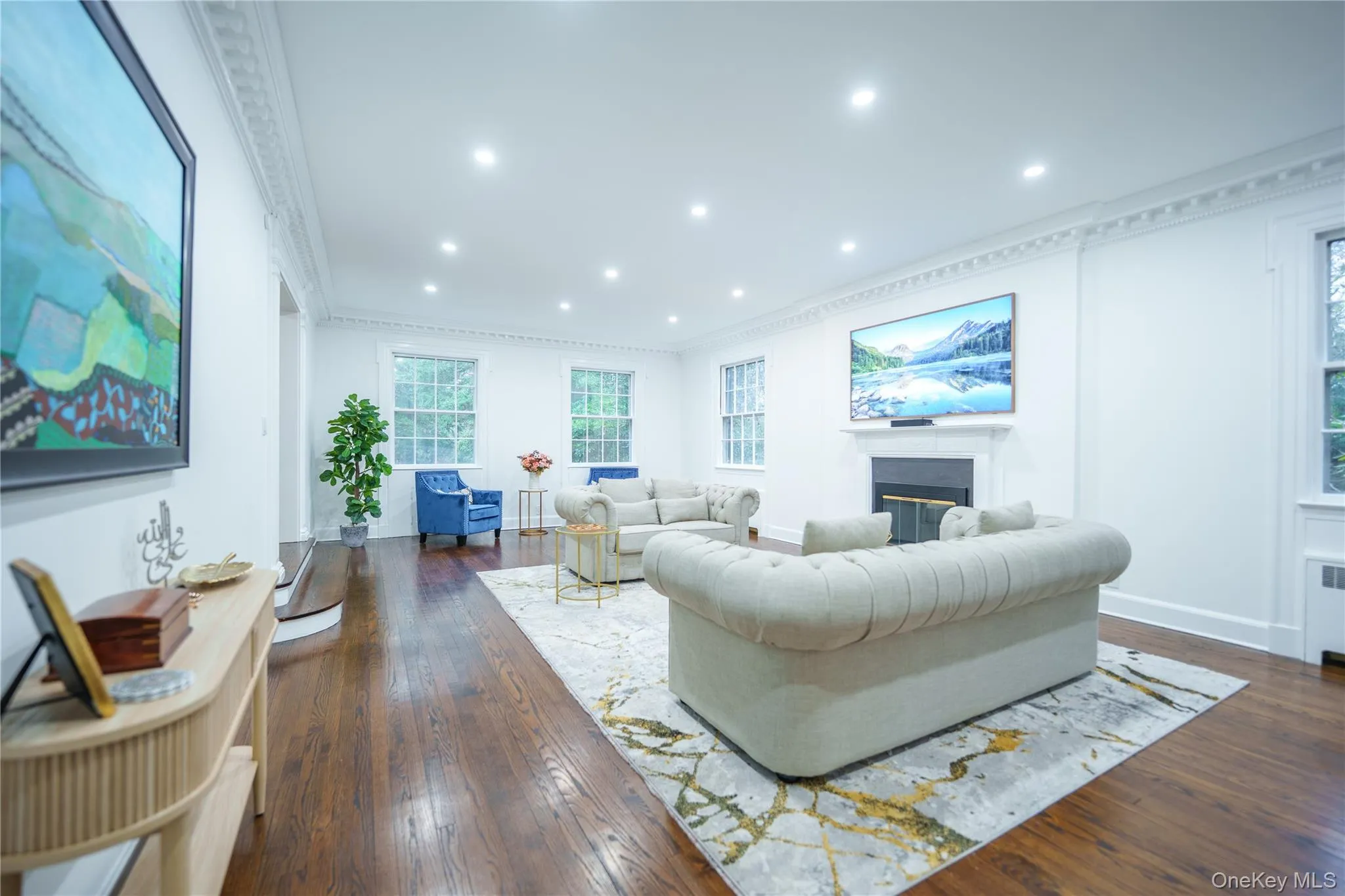 Living area with ornamental molding, a glass covered fireplace, dark wood-style flooring, recessed lighting, and radiator Living area with ornamental molding, a glass covered fireplace, dark wood-style flooring, recessed lighting, and radiator