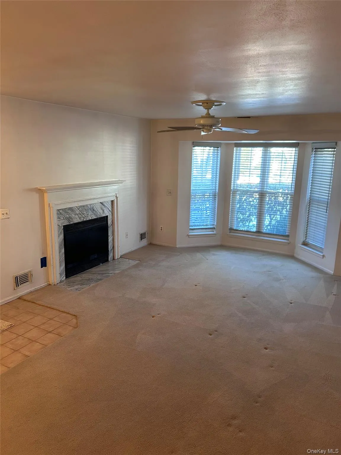 Unfurnished living room featuring carpet flooring, ceiling fan, and a fireplace Unfurnished living room featuring carpet flooring, ceiling fan, and a fireplace