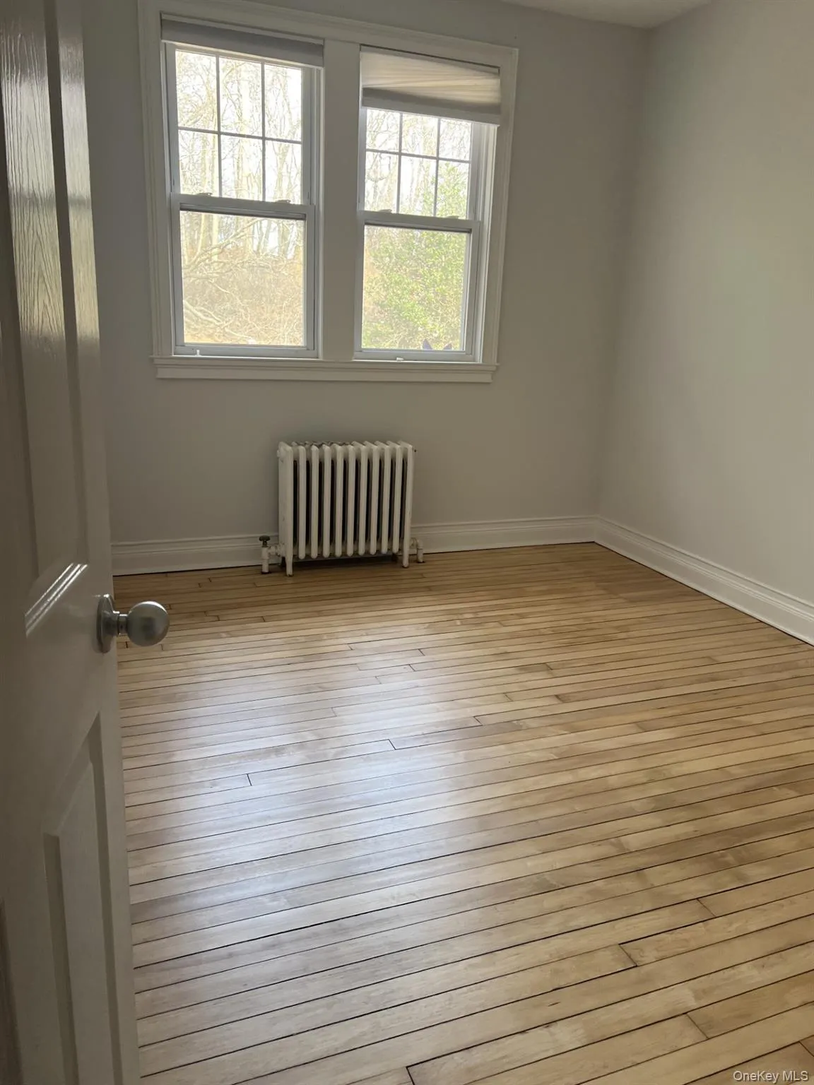 Empty room featuring radiator heating unit and light wood finished floors Empty room featuring radiator heating unit and light wood finished floors