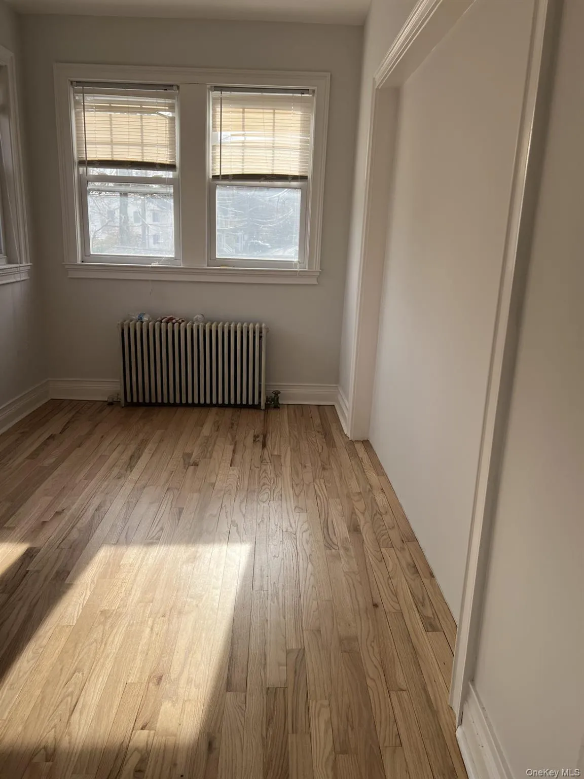 Unfurnished room with radiator, healthy amount of natural light, and light wood-style floors Unfurnished room with radiator, healthy amount of natural light, and light wood-style floors