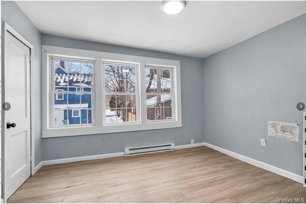 Unfurnished room featuring light wood-style flooring, a baseboard heating unit, and plenty of natural light Unfurnished room featuring light wood-style flooring, a baseboard heating unit, and plenty of natural light