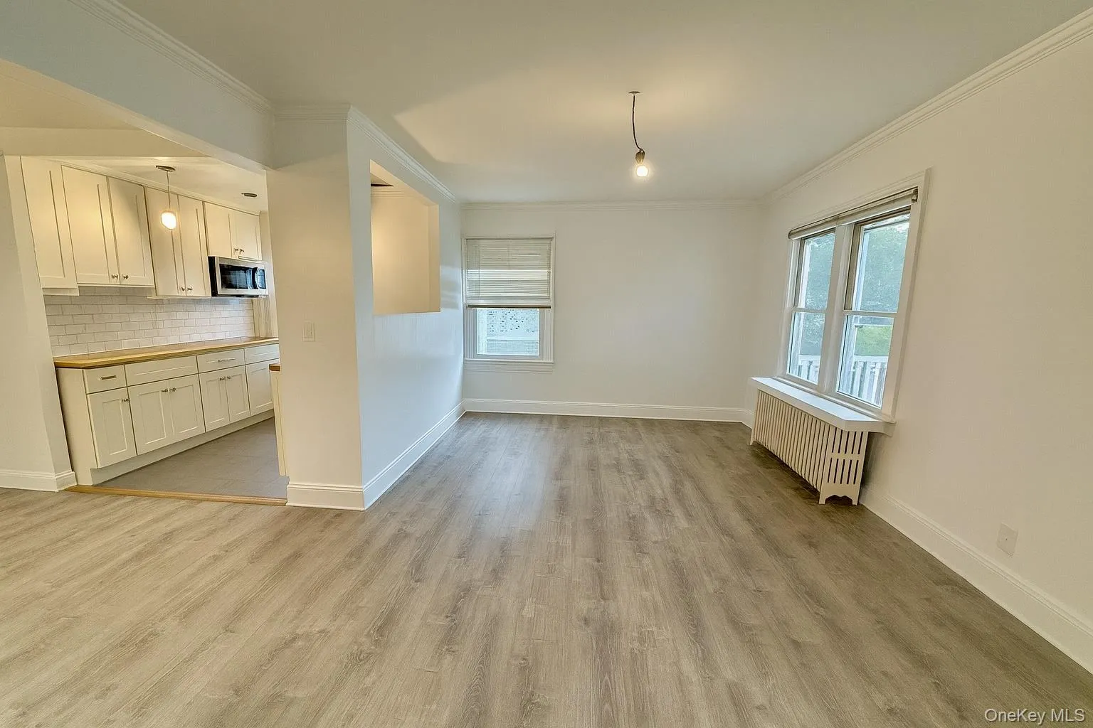 Unfurnished living room area featuring radiator, ornamental molding, and light wood finished floors Unfurnished living room area featuring radiator, ornamental molding, and light wood finished floors