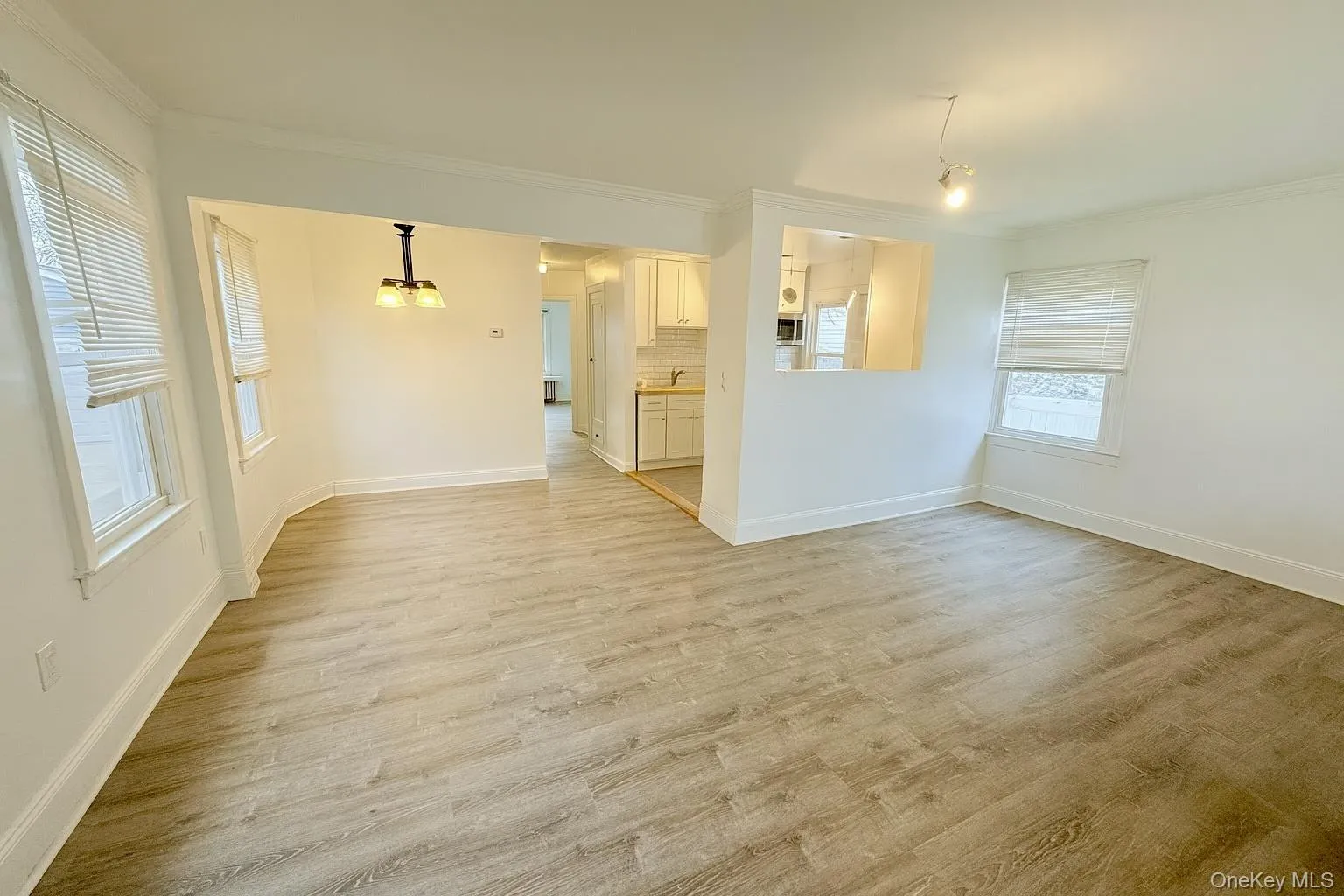 Unfurnished living room area featuring radiator, ornamental molding, and light wood finished floors Unfurnished living room area featuring radiator, ornamental molding, and light wood finished floors