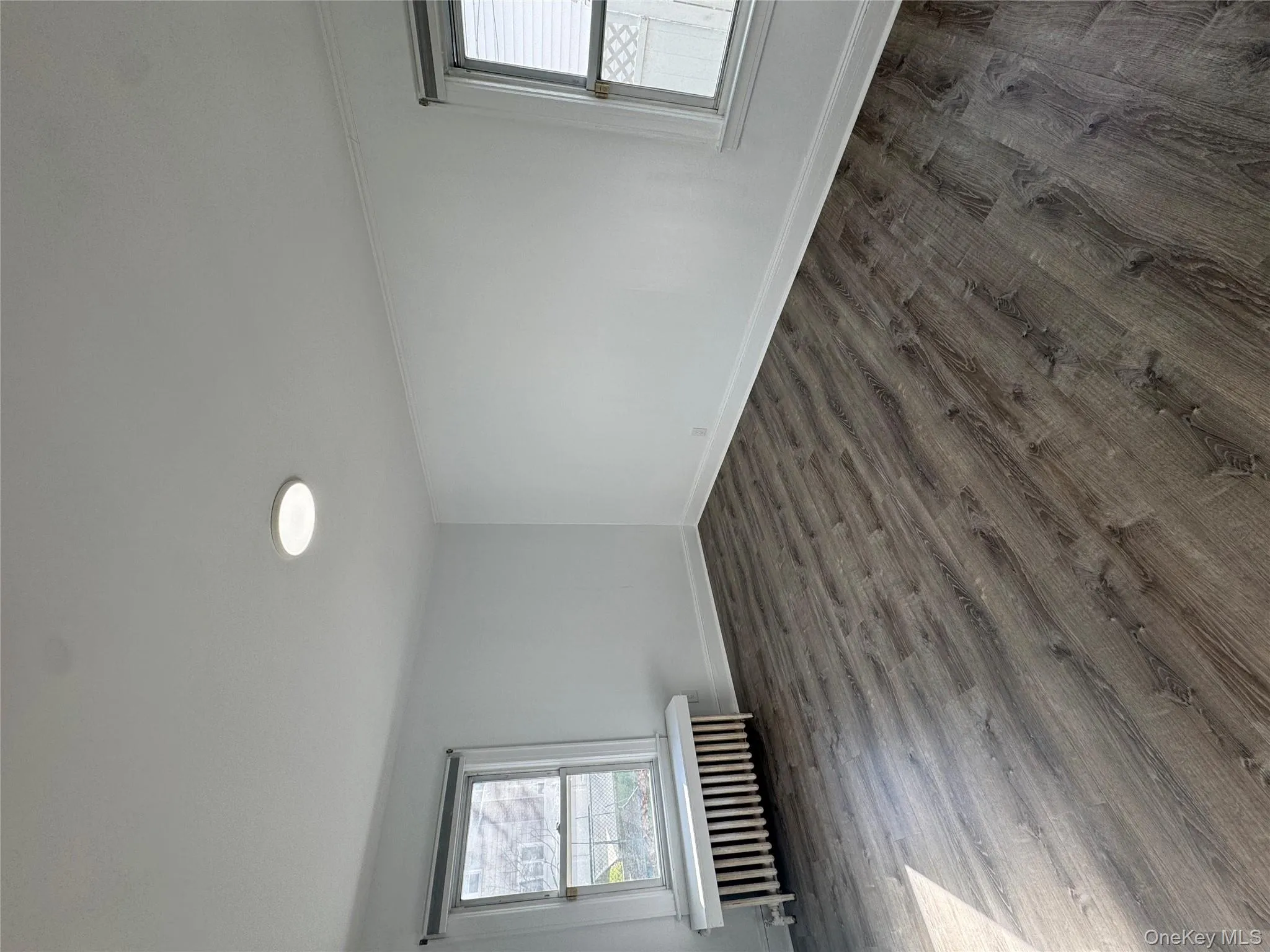 Spare room featuring radiator heating unit and dark wood-type flooring Spare room featuring radiator heating unit and dark wood-type flooring