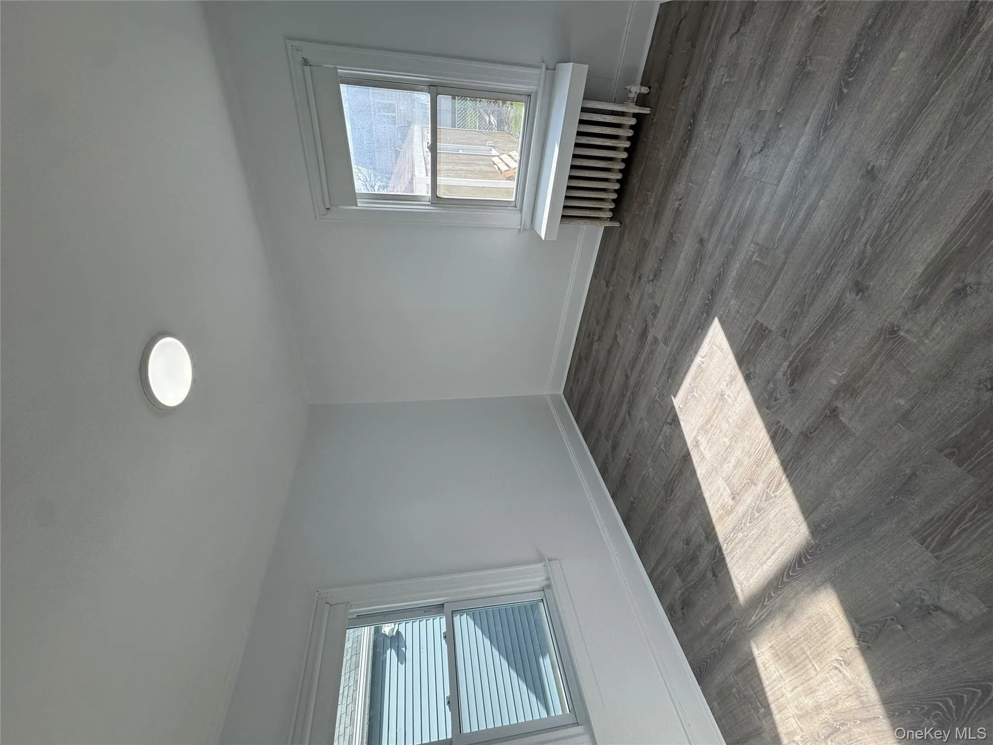 Empty room featuring plenty of natural light, radiator, and dark wood finished floors Empty room featuring plenty of natural light, radiator, and dark wood finished floors