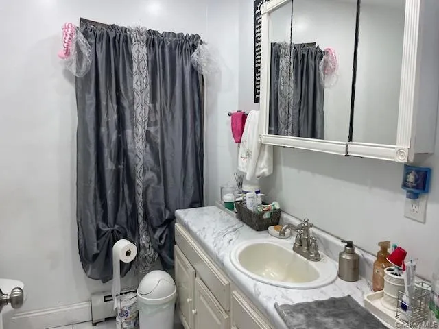 Bathroom featuring vanity, baseboard heating, and a shower with curtain Bathroom featuring vanity, baseboard heating, and a shower with curtain
