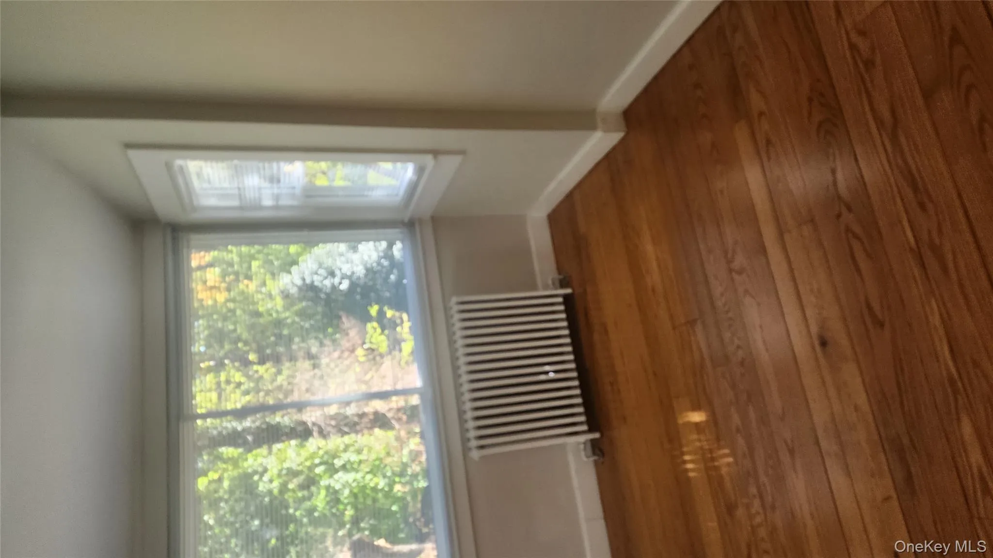 Empty room with radiator heating unit, healthy amount of natural light, dark wood-style floors, and vaulted ceiling Empty room with radiator heating unit, healthy amount of natural light, dark wood-style floors, and vaulted ceiling