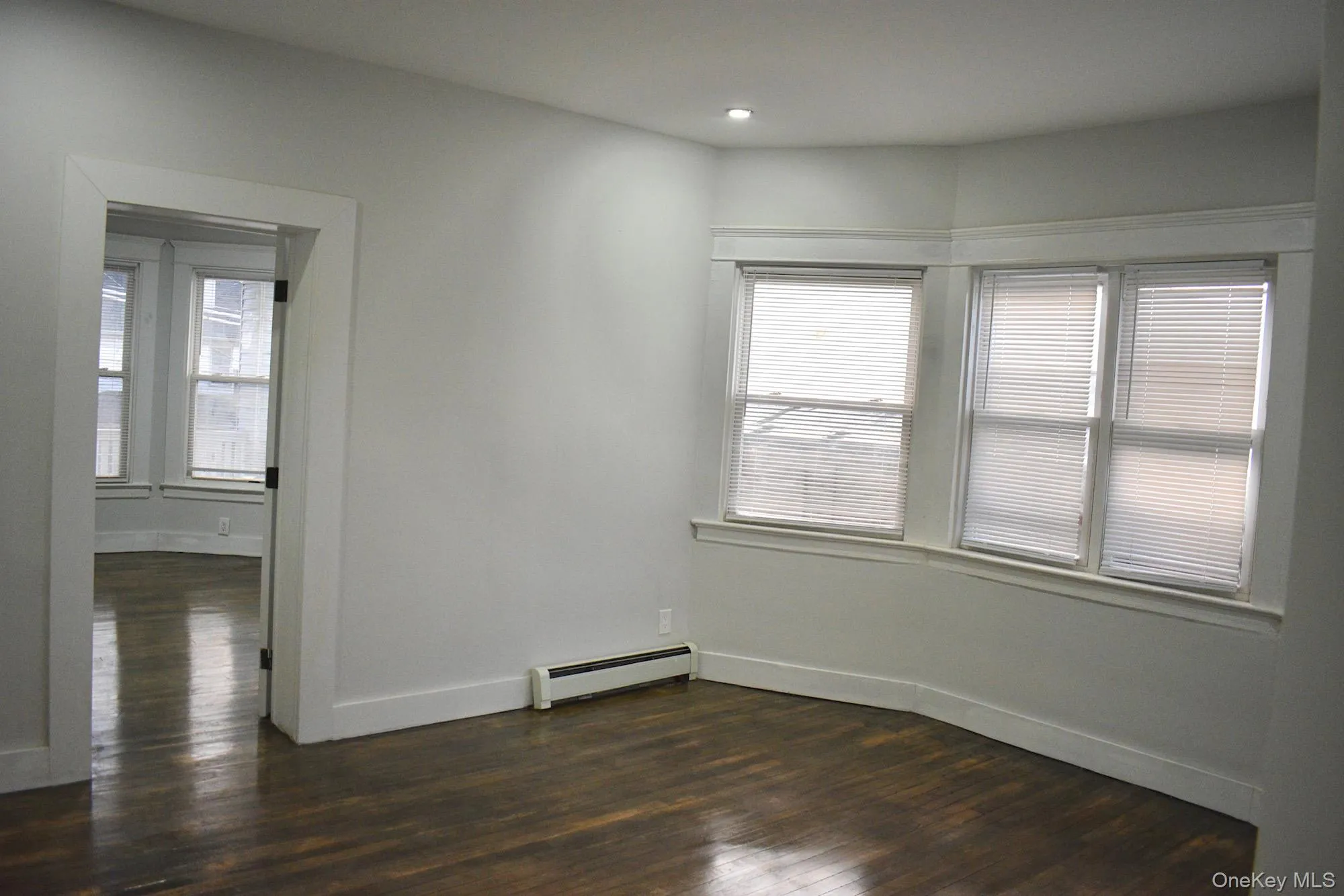 Unfurnished room with a baseboard radiator, dark wood-style floors, and healthy amount of natural light Unfurnished room with a baseboard radiator, dark wood-style floors, and healthy amount of natural light