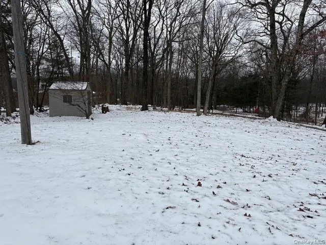 Snowy yard featuring a shed Snowy yard featuring a shed