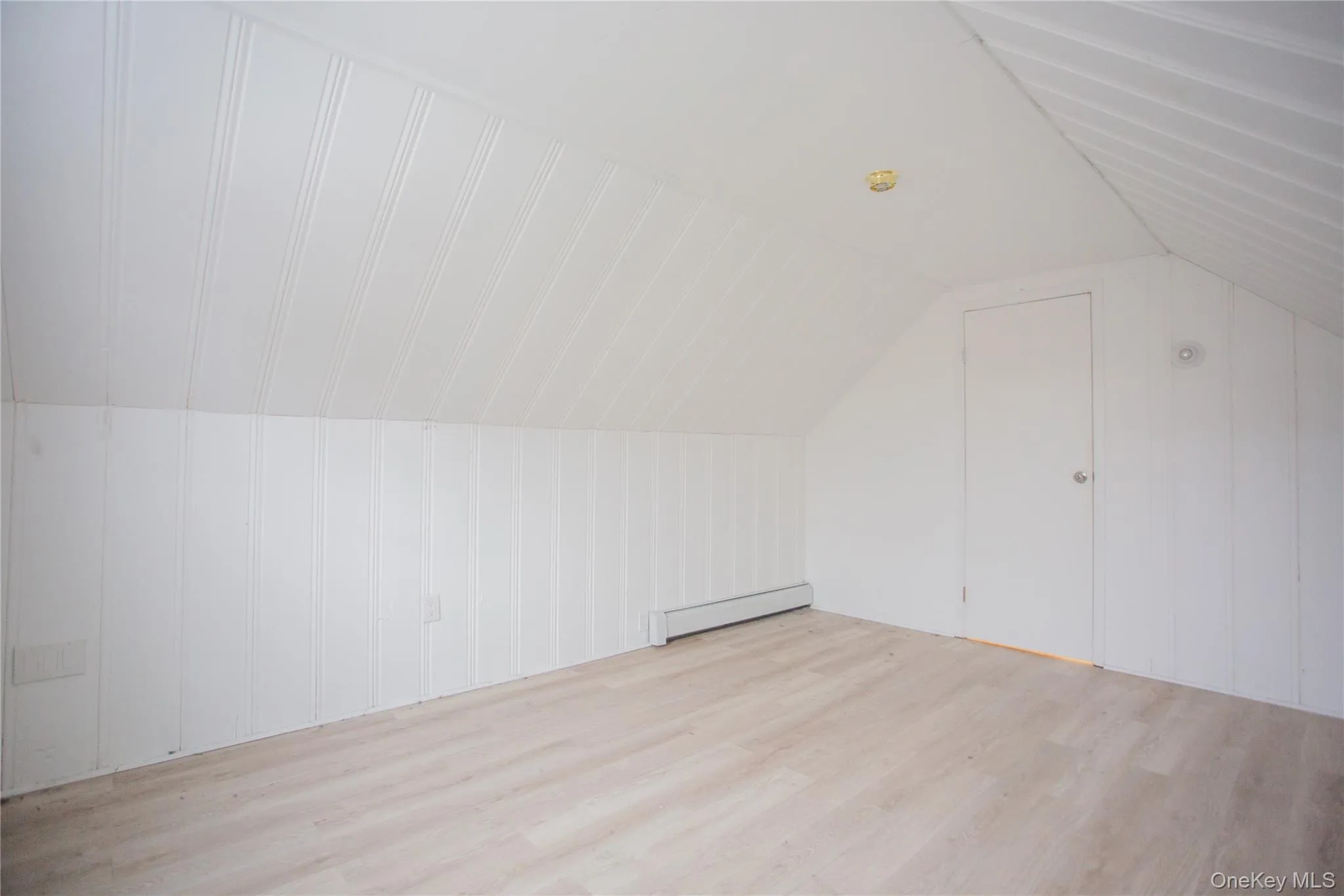 Bonus room featuring lofted ceiling, light wood-style floors, and a baseboard radiator Bonus room featuring lofted ceiling, light wood-style floors, and a baseboard radiator
