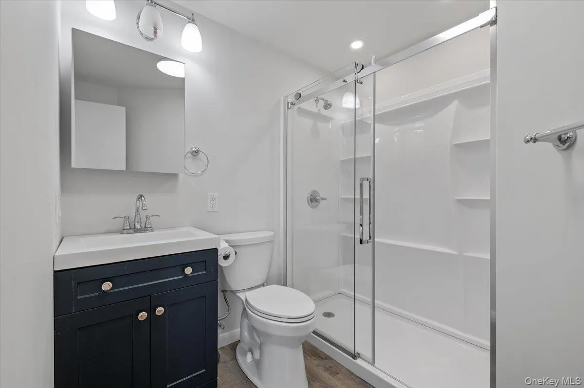 Full bathroom with a stall shower, vanity, and dark wood-type flooring Full bathroom with a stall shower, vanity, and dark wood-type flooring