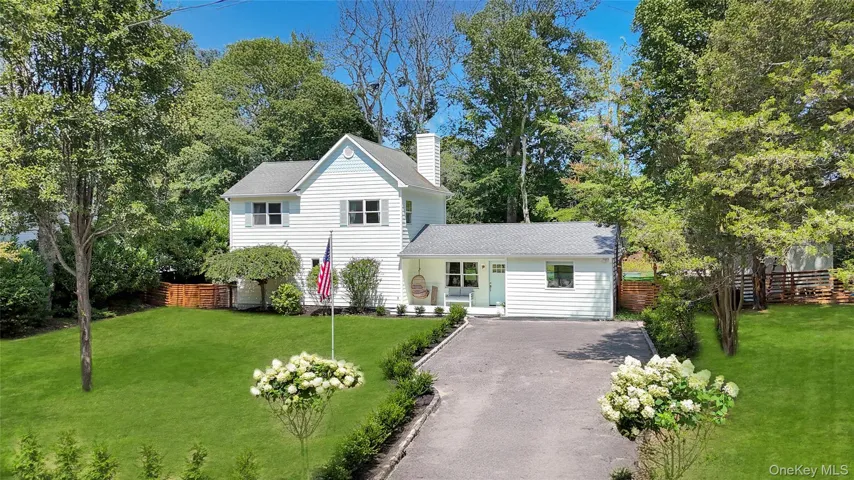 Traditional home with driveway, a chimney, and roof with shingles
