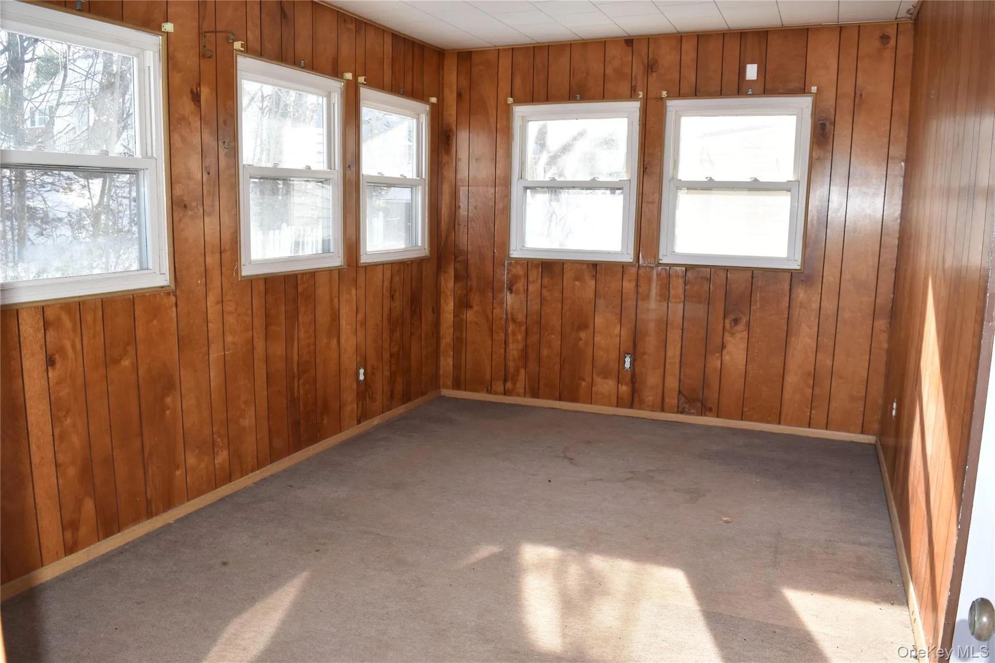 Spare room featuring wooden walls, carpet flooring, and healthy amount of natural light Spare room featuring wooden walls, carpet flooring, and healthy amount of natural light